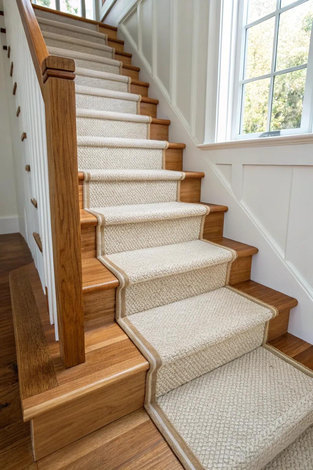 Warm oak borders + a centered linen runner: a custom staircase look with cozy, safe traction.
