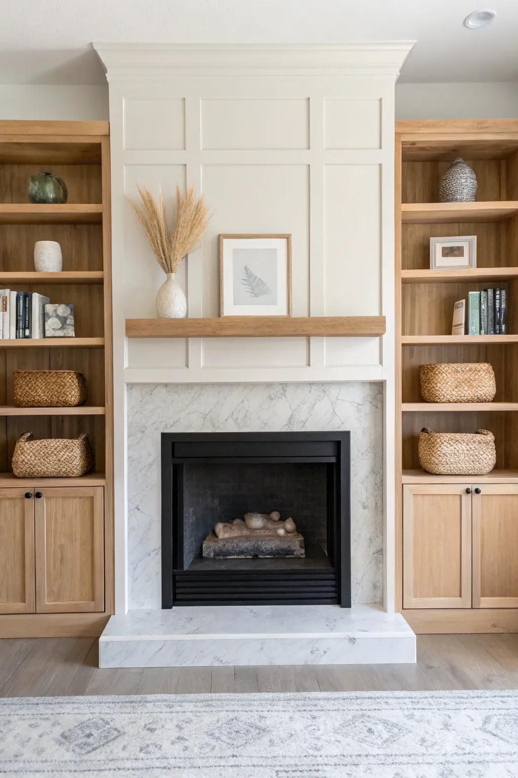 A clean fireplace bump-out with matching built-in shelves—warm wood, sleek, and intentional.