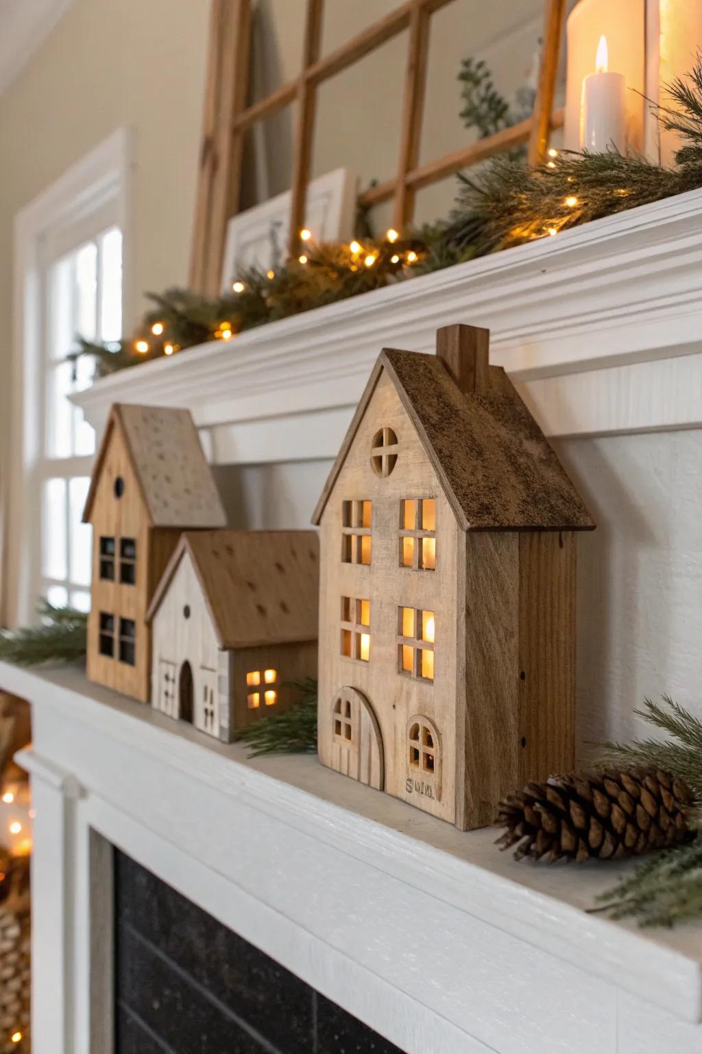 A lightly stained wooden Christmas village brings cozy cabin charm to a minimalist mantel.