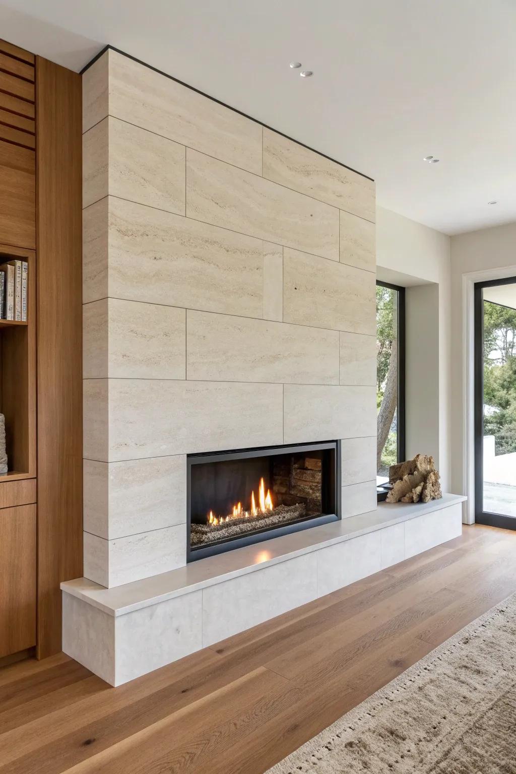 Seamless slab-look stone panels turn the fireplace into a calm, modern art piece.