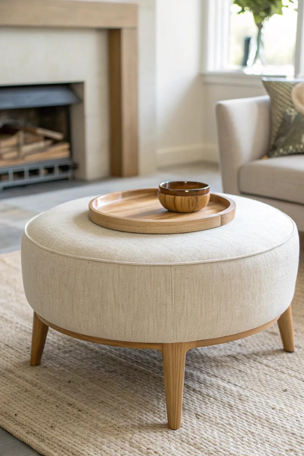 Soft upholstered ottoman + oak tray: the coziest, space-saving fireside “table” idea.