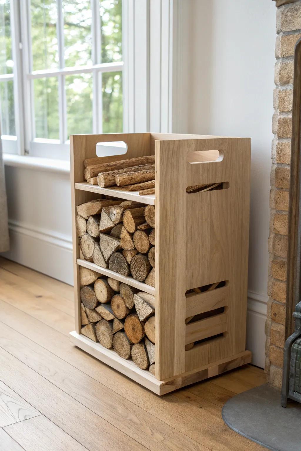 A simple wood firewood box with a kindling slot—tidy, minimal, and beautifully practical indoors.