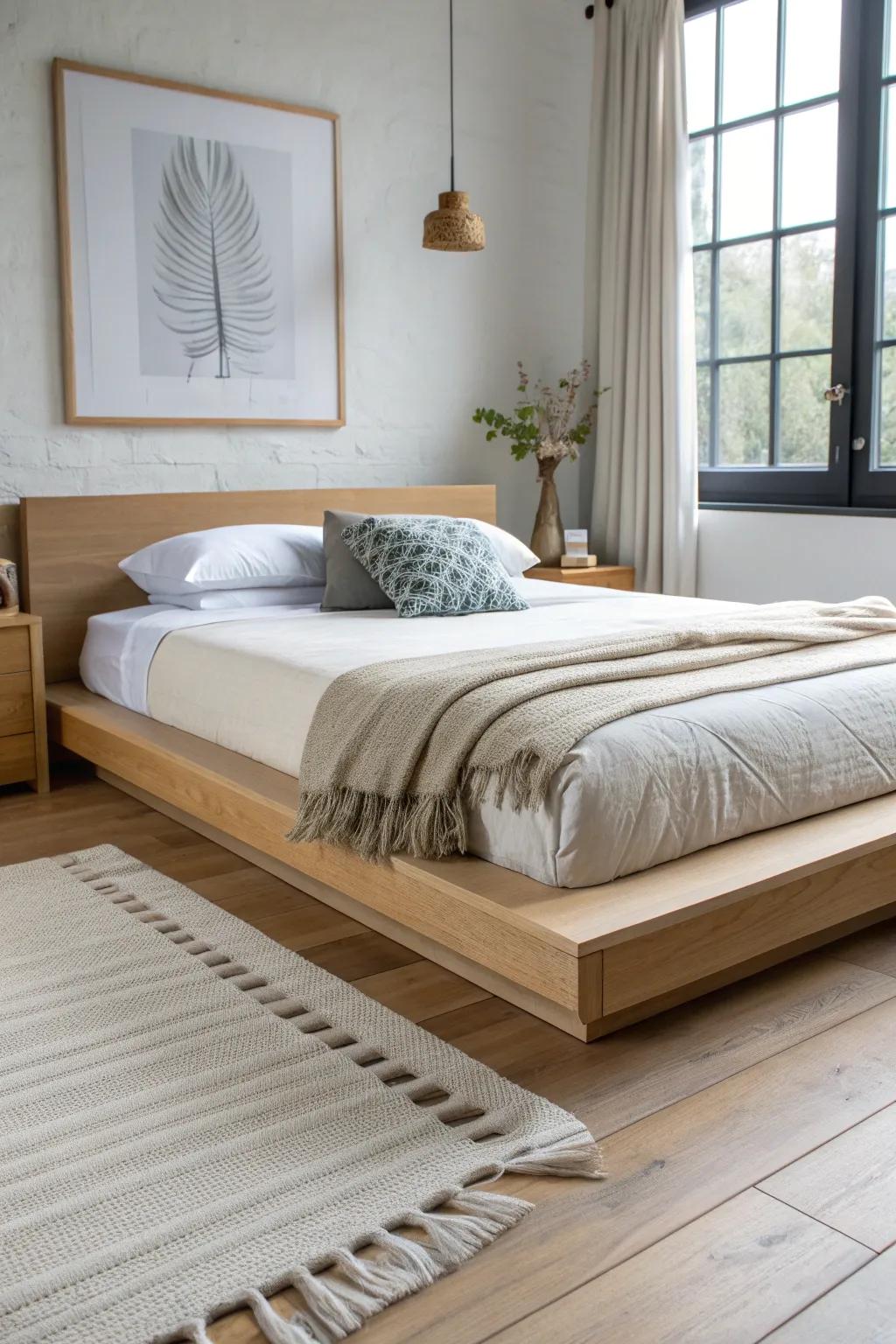 Low Japandi floating bed in pale wood—wide, quiet, and grounded with a clean shadow gap.