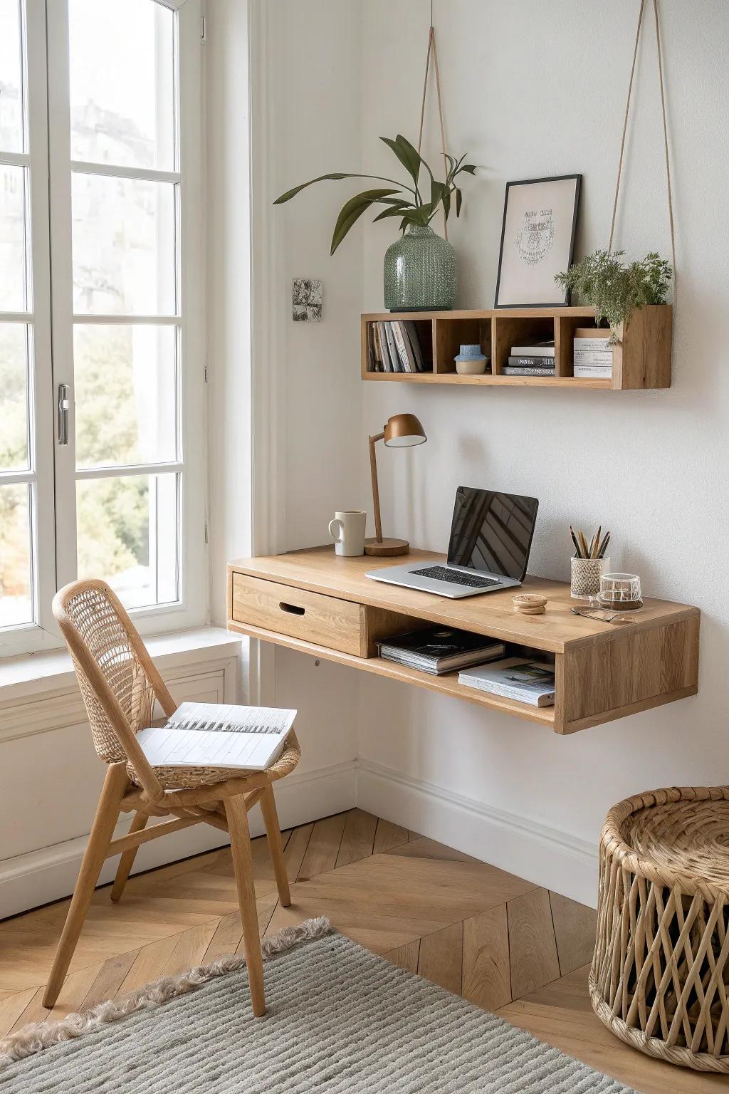A floating corner desk with slim cubby storage—light, airy, and perfect for small spaces.