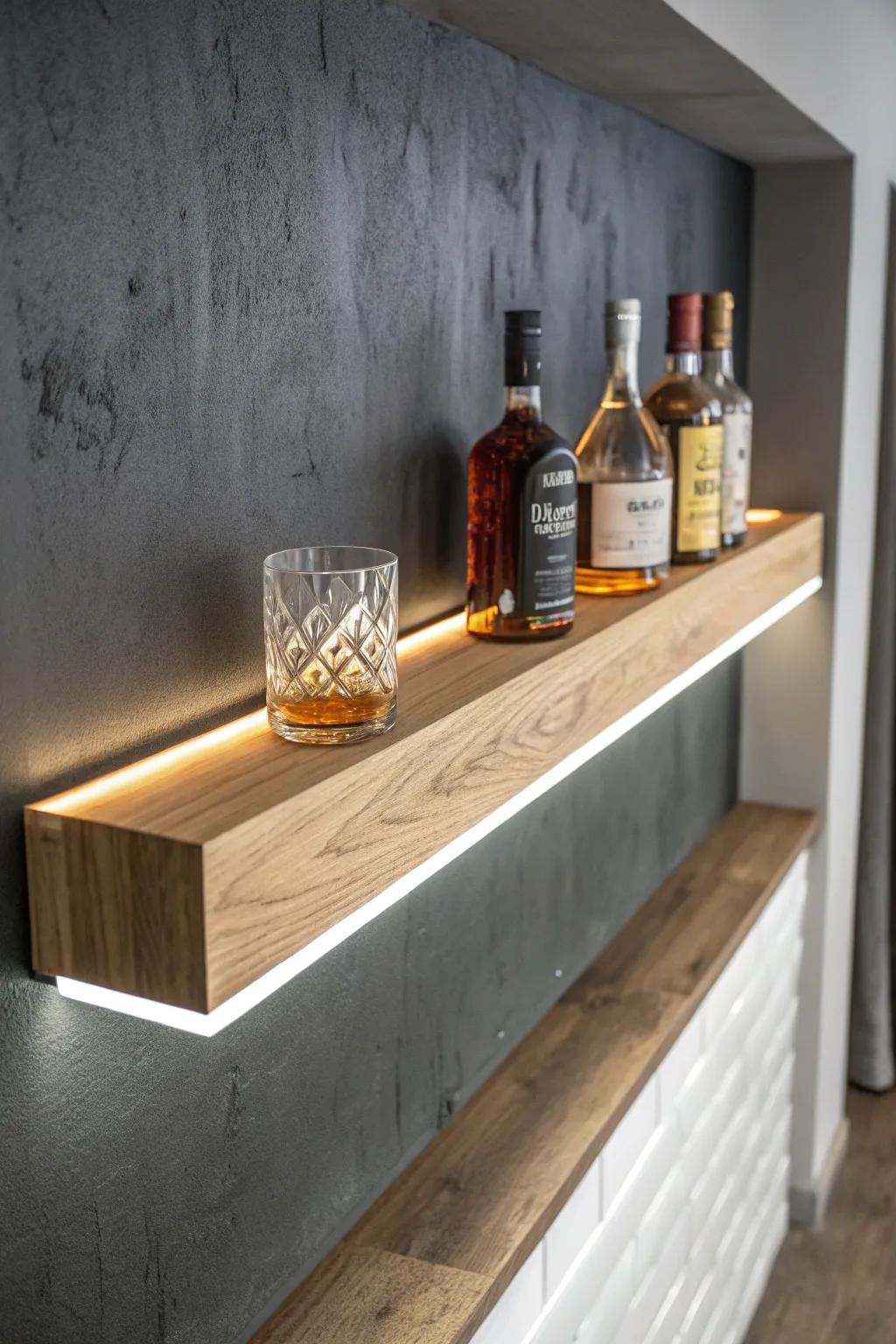 Routed-in warm LEDs make this oak floating shelf bar glow with sleek, built-in elegance.