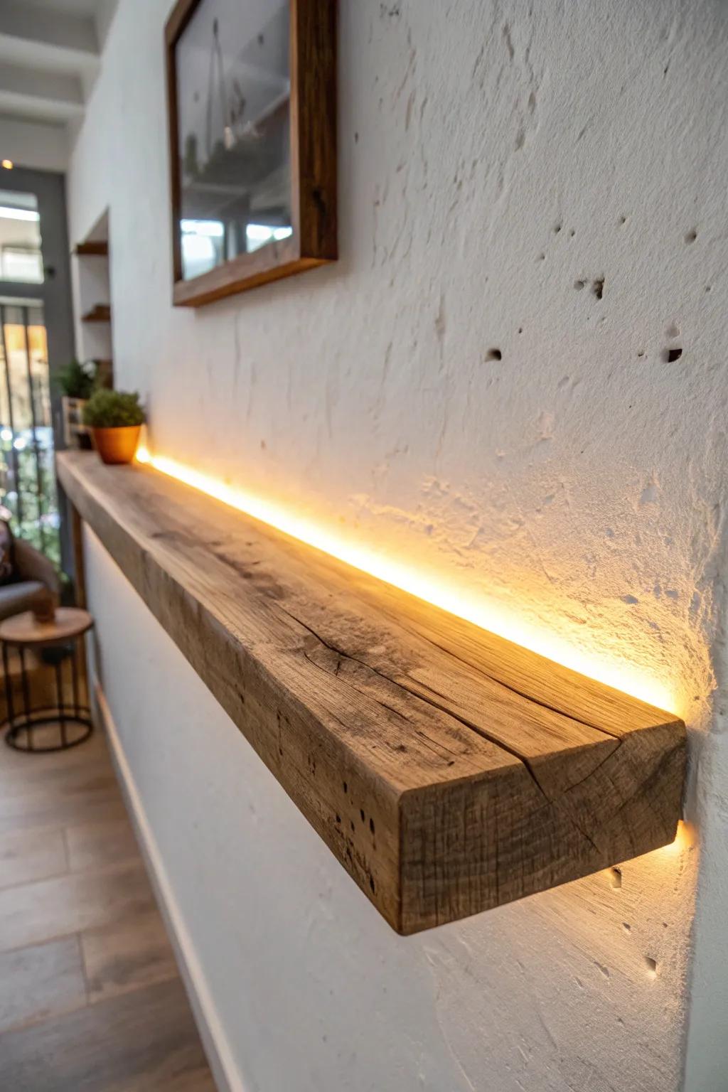 Warm white LEDs make a rustic floating shelf glow—instant cozy farmhouse mood at night.
