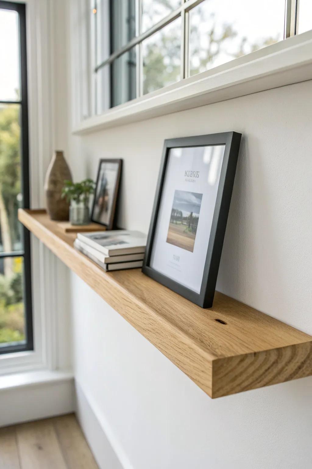 Style a slim floating picture ledge—swap prints anytime for a warm, clutter‑free office.
