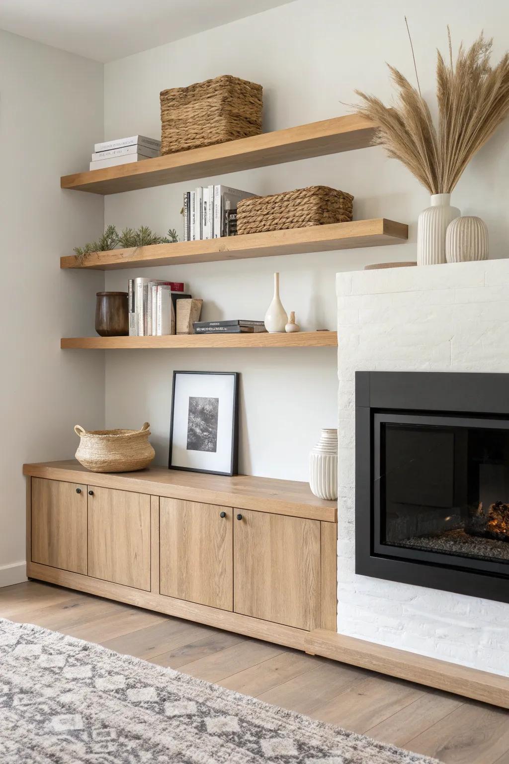 Floating oak shelves over sleek base cabinets—stylish display + hidden storage by the fireplace.