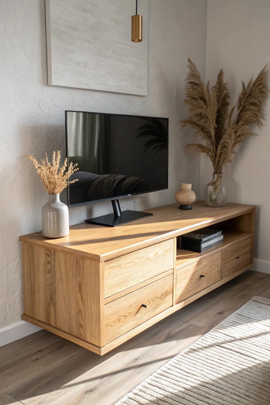 Floating corner TV console in light oak—minimal, space-saving, and beautifully intentional.
