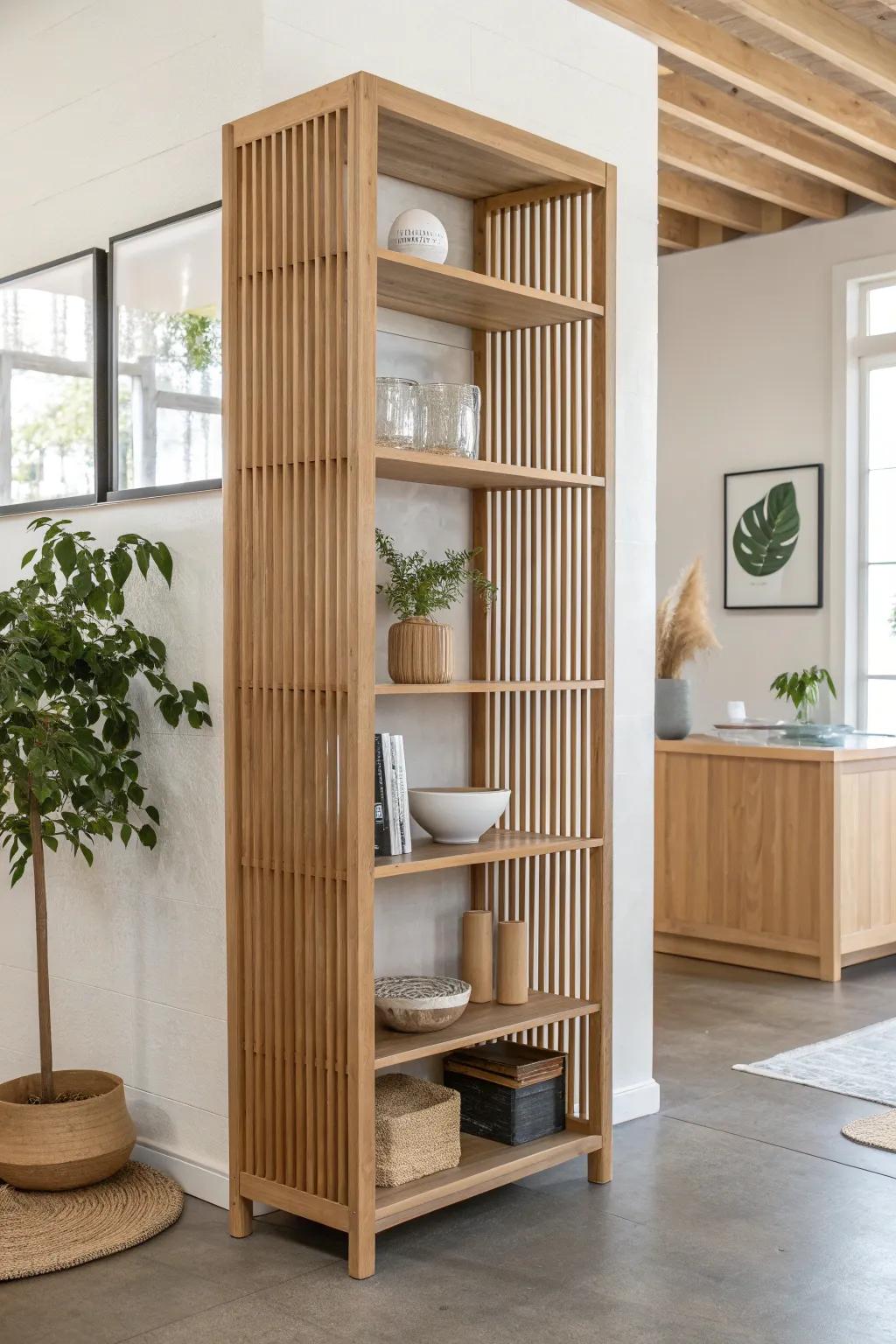 Half-slat, half-shelf divider: airy privacy plus built-in storage in warm, minimalist oak.