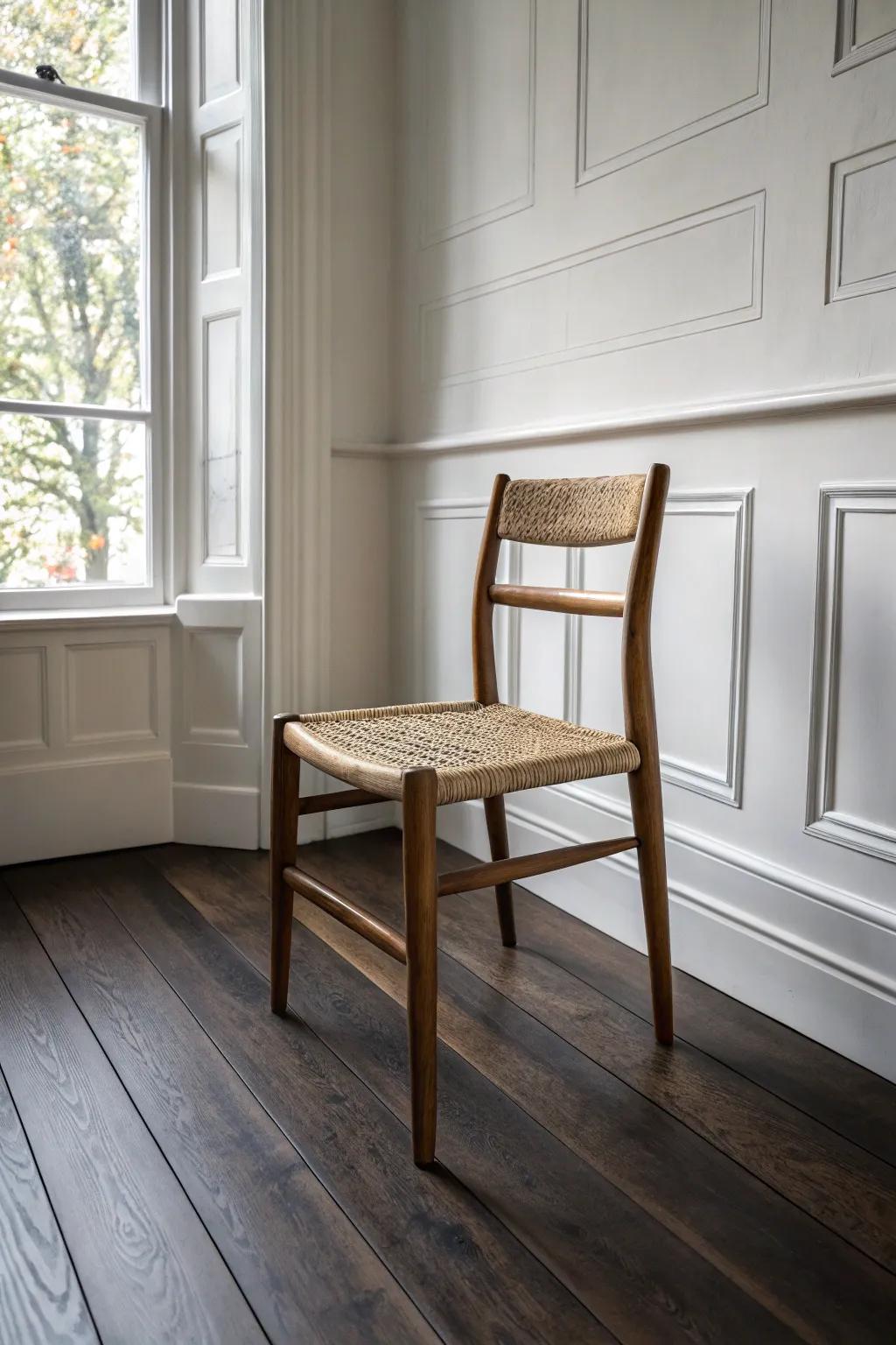 Dark-stained wood floors + white walls bring dining-room drama with calm Scandinavian style.