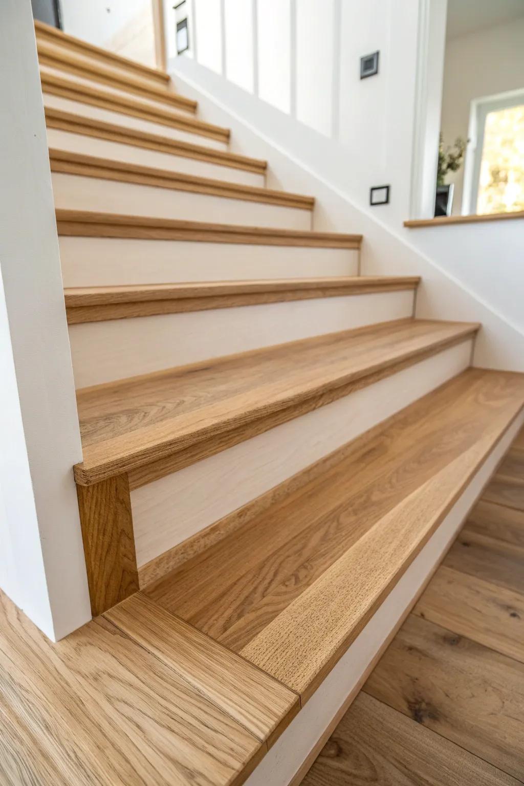 Engineered wood treads + landing: serene oak grain, clean lines, and year-round stability.