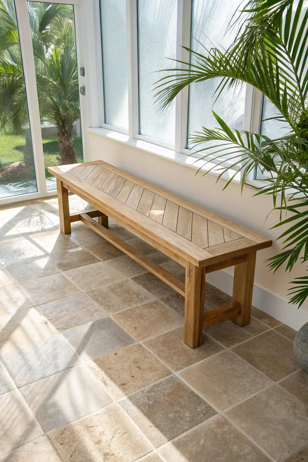 Large-format sand tiles + minimal grout lines keep your Florida room airy, modern, and seamless.