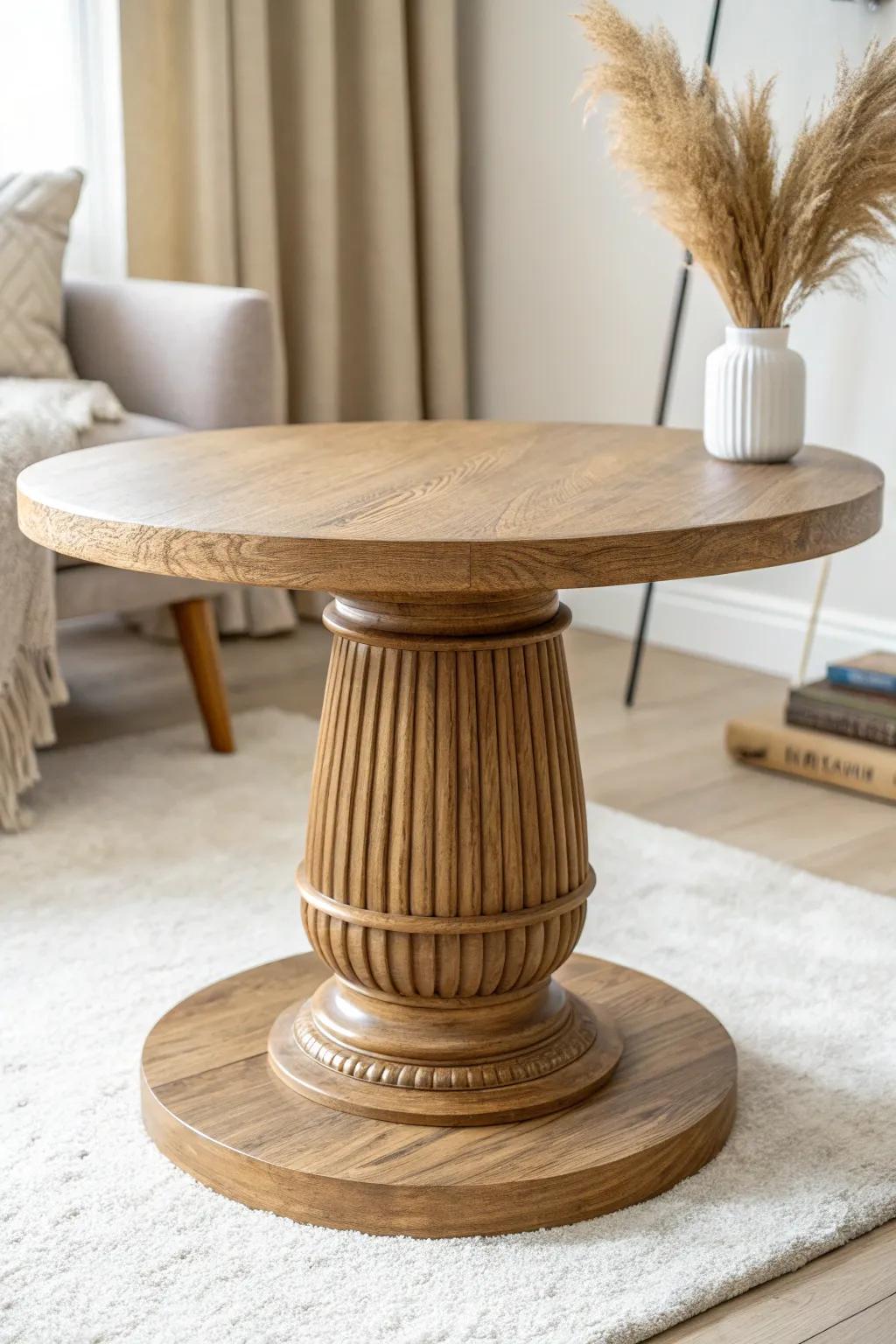 Chunky oak top + slim fluted pedestal for a high-end coffee table silhouette.