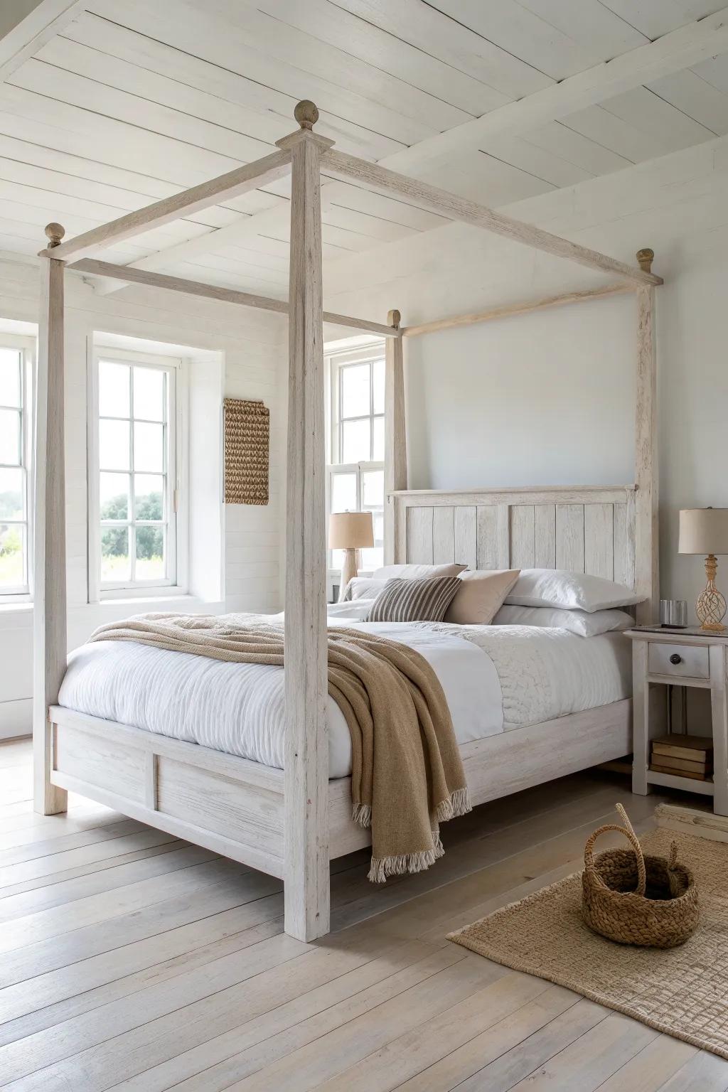 Whitewashed four-poster bed ideas for a bright, airy bedroom that still shows real wood grain.