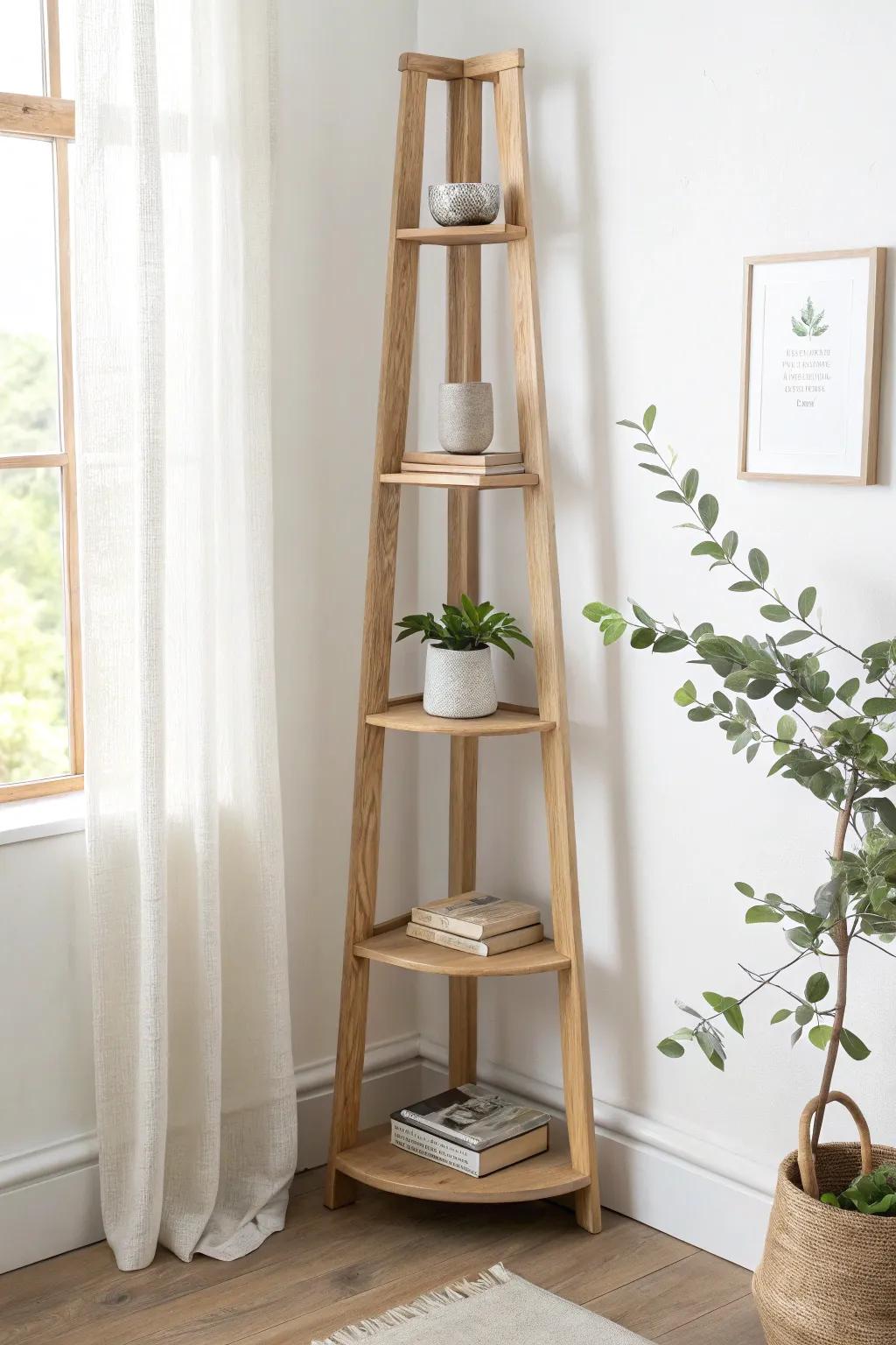 Skinny corner tower shelf—turn dead space into a bright, plant-and-book display.