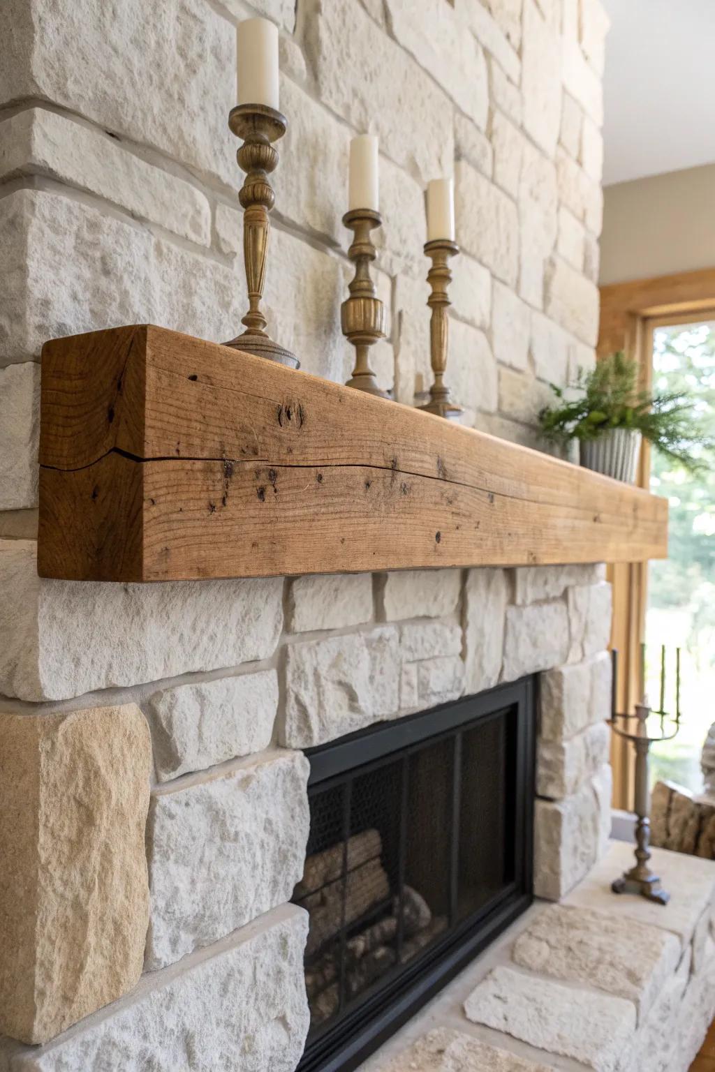 A rough-hewn reclaimed mantel with simple candlesticks and greens for French cottage charm.
