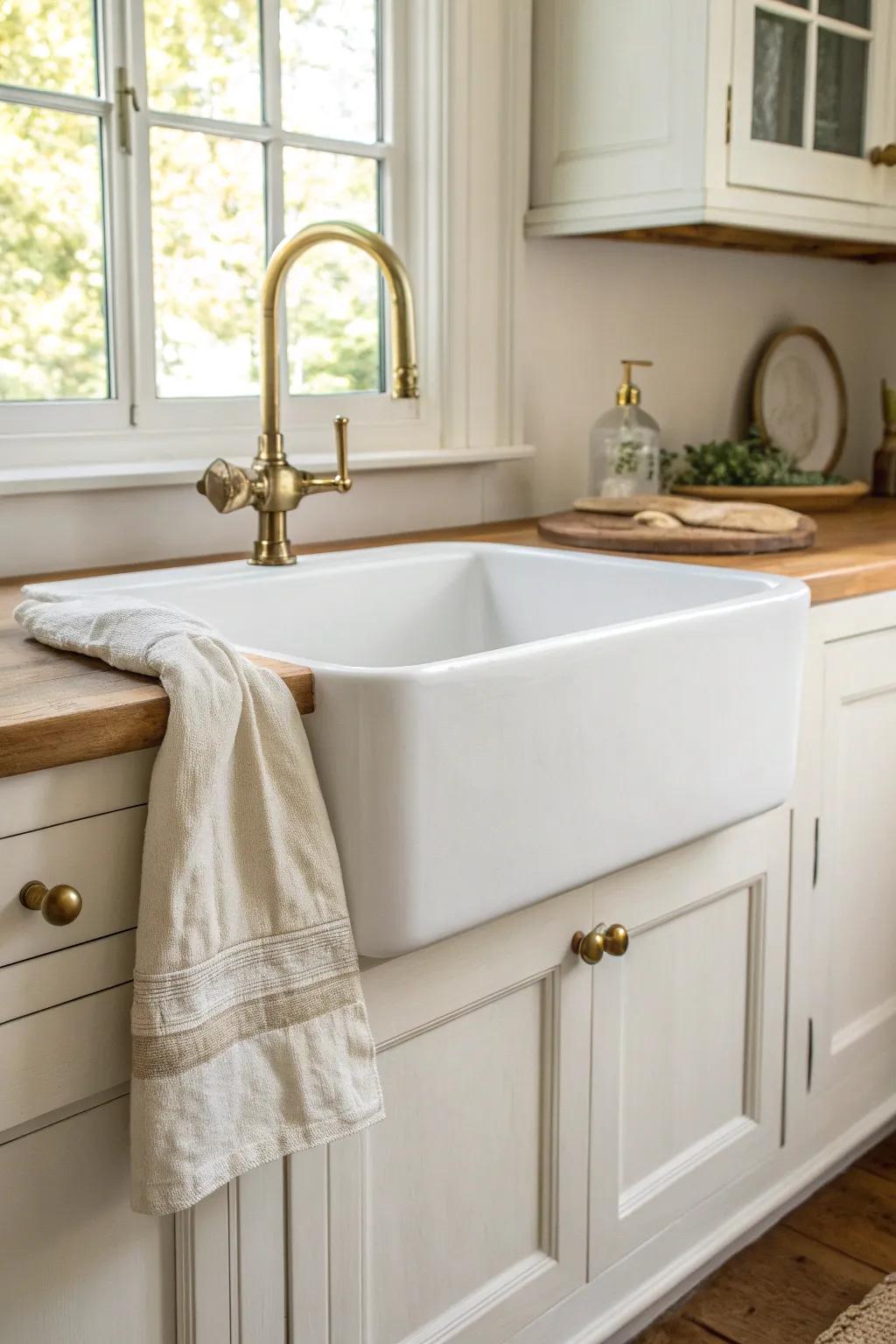 A deep apron-front sink with warm oak wrap—French Country charm made for handwashing.