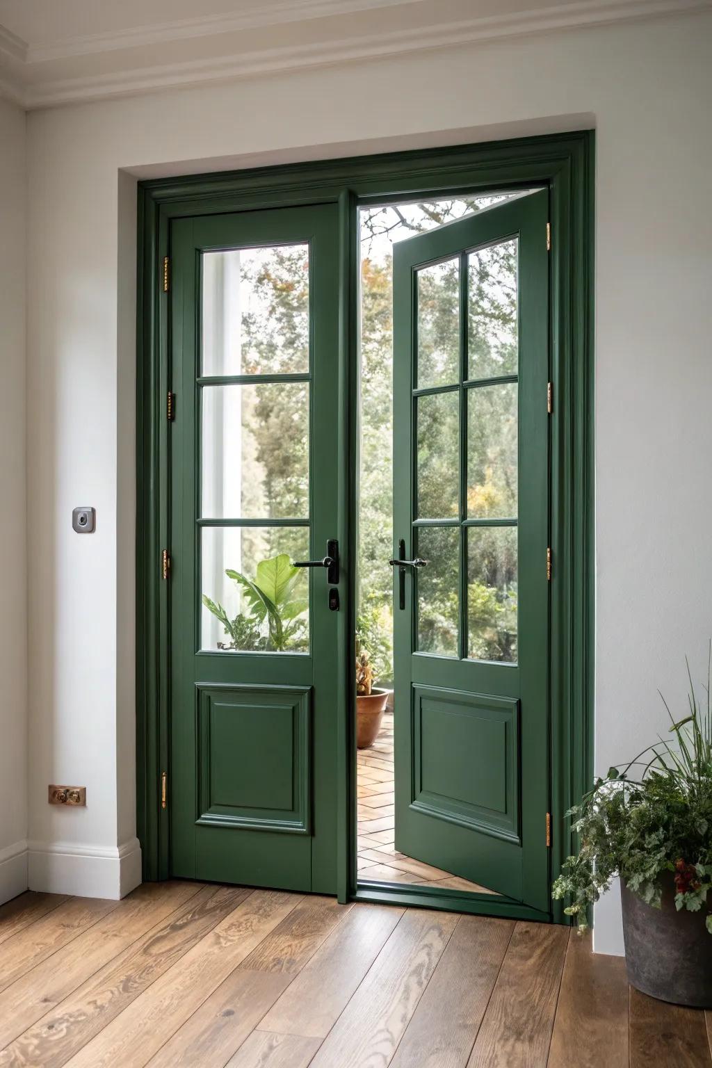 Moody forest green French doors that pull the garden in—perfect against warm wood floors.
