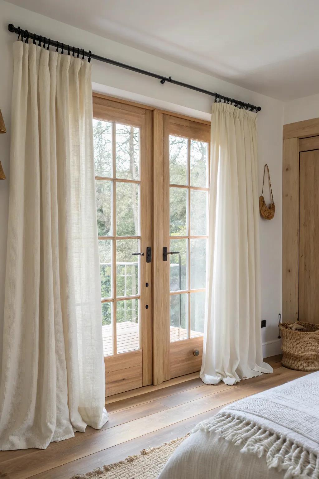 Sheer daytime glow, heavier side panels at night—French doors styled with calm Nordic ease.