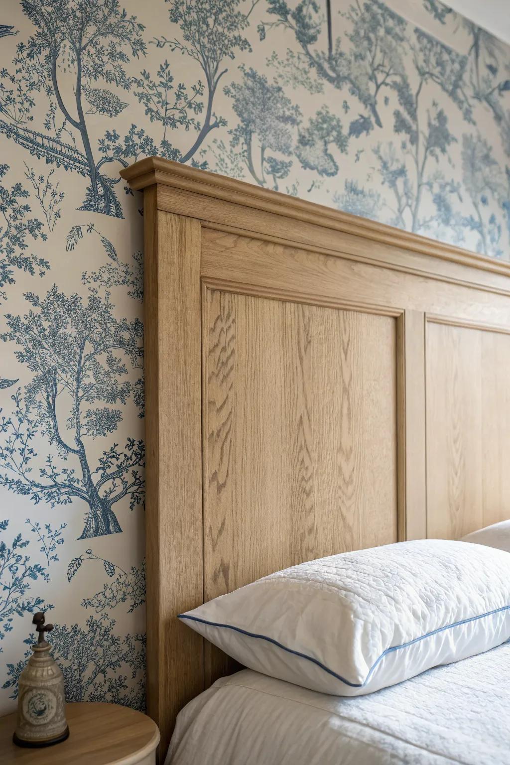 Instant French countryside charm: a toile accent wall paired with warm, handcrafted oak.