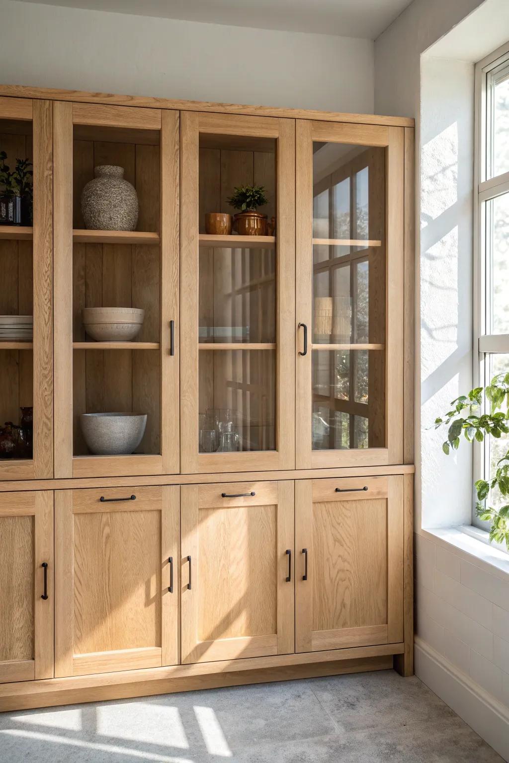 Glass-front uppers break up a full wall of cabinets—airy, personal, and beautifully light.