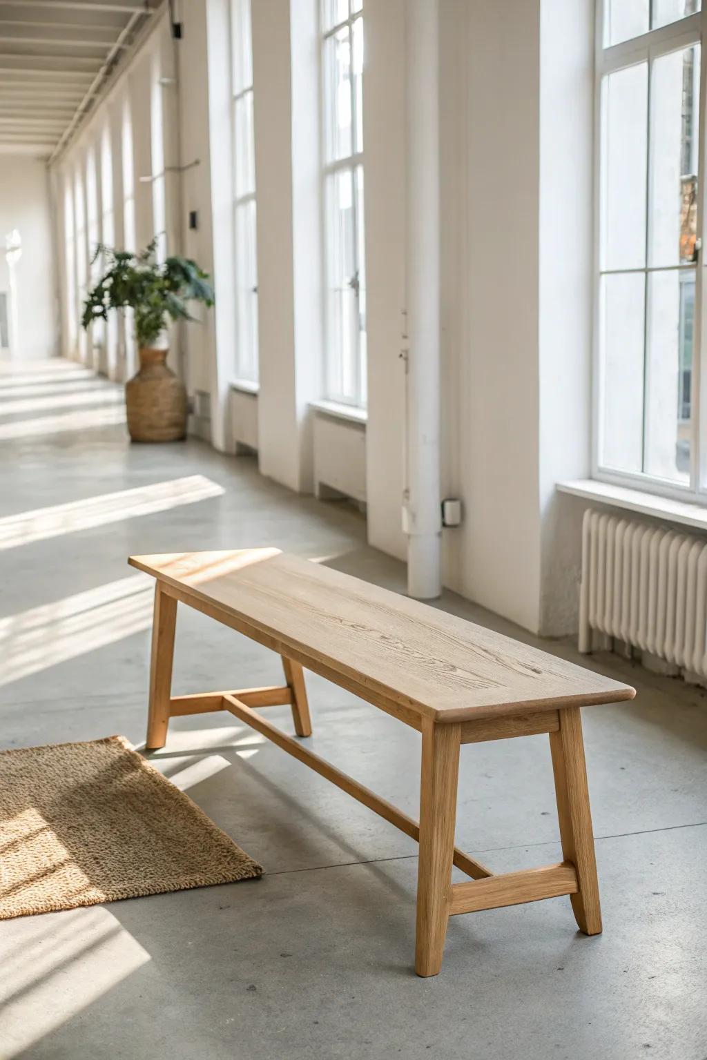 A wide, uncluttered aisle makes this handcrafted oak bench feel instantly calm and premium.