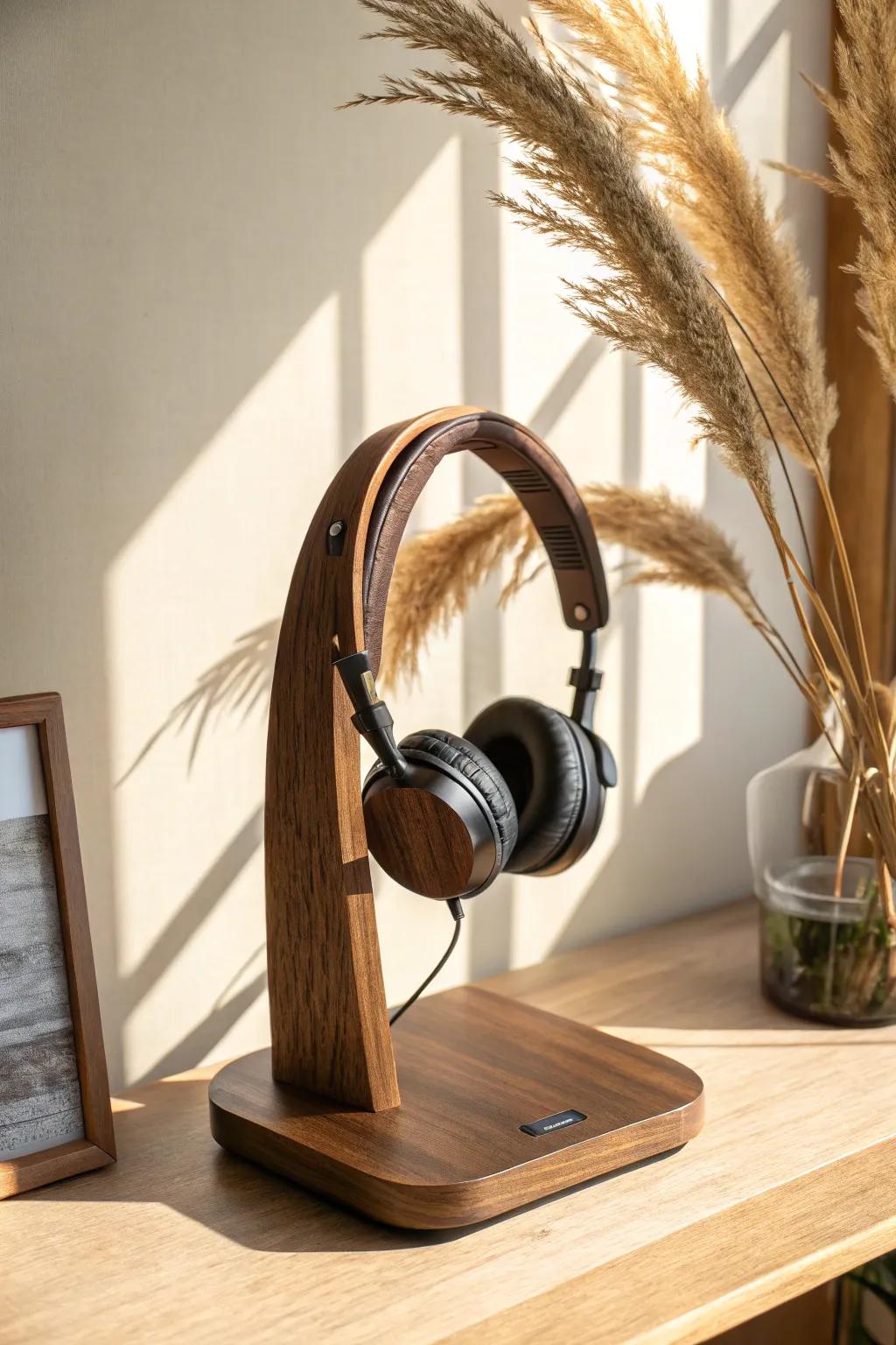 Handmade wooden headset stand in warm walnut—clean, smooth, and instantly desk‑neatening.