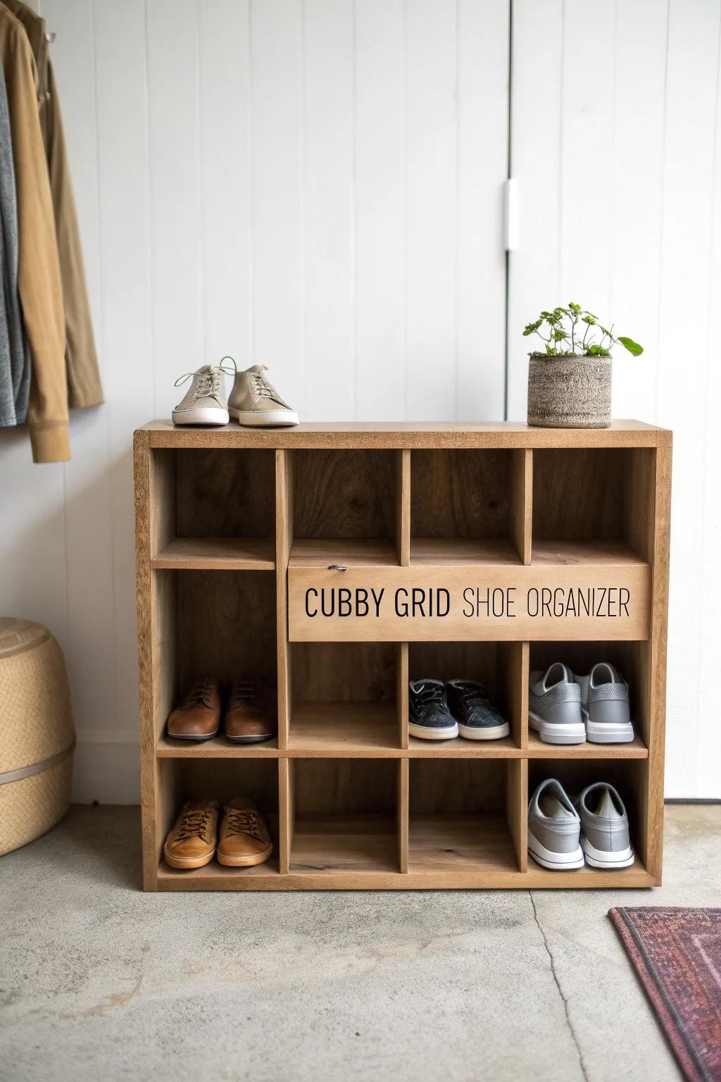 Minimal plywood shoe cubby grid—labeled slots keep every pair tidy and mornings calmer.