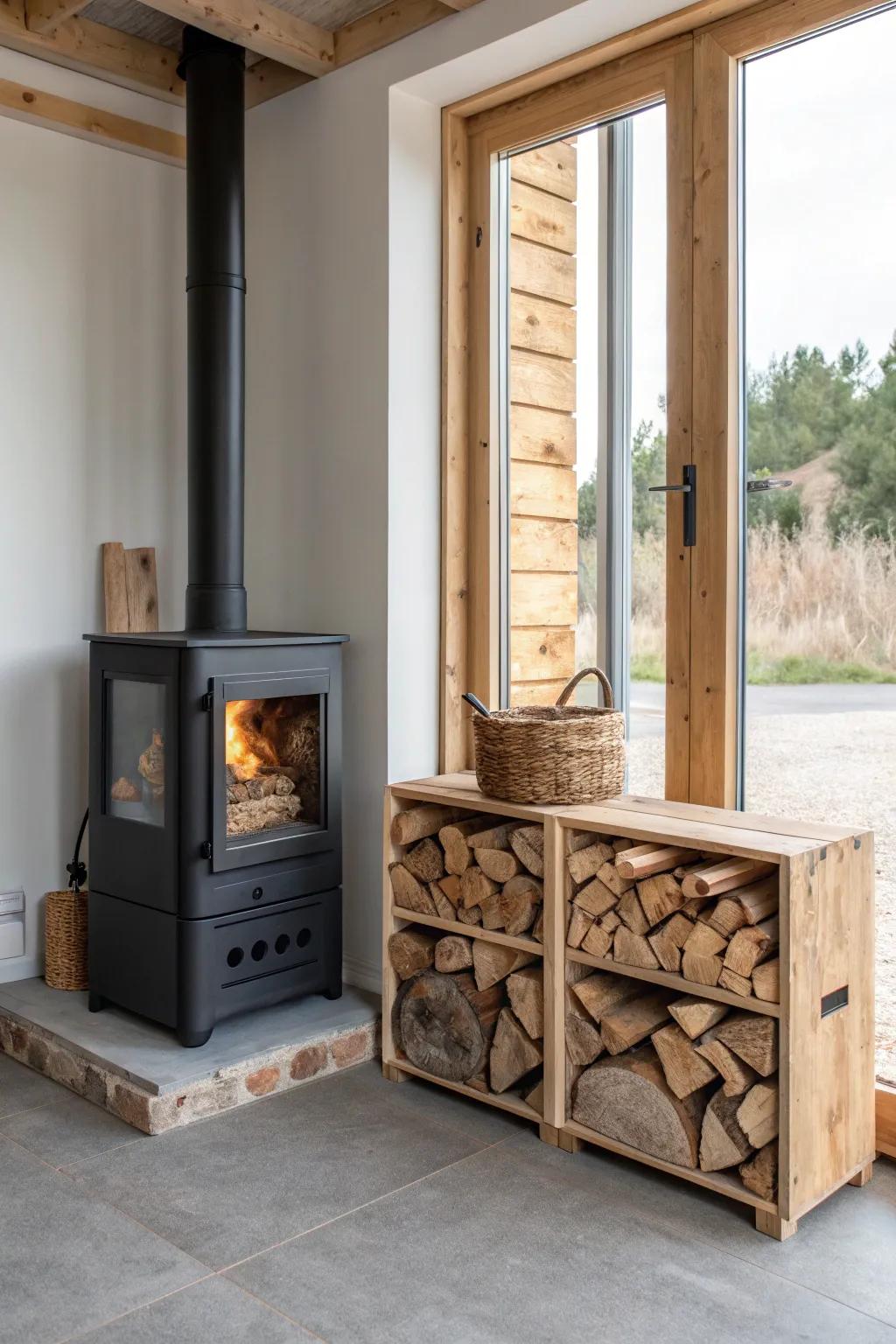 Built-in reclaimed-wood firewood box beside a black stove for a clean, custom garage look.