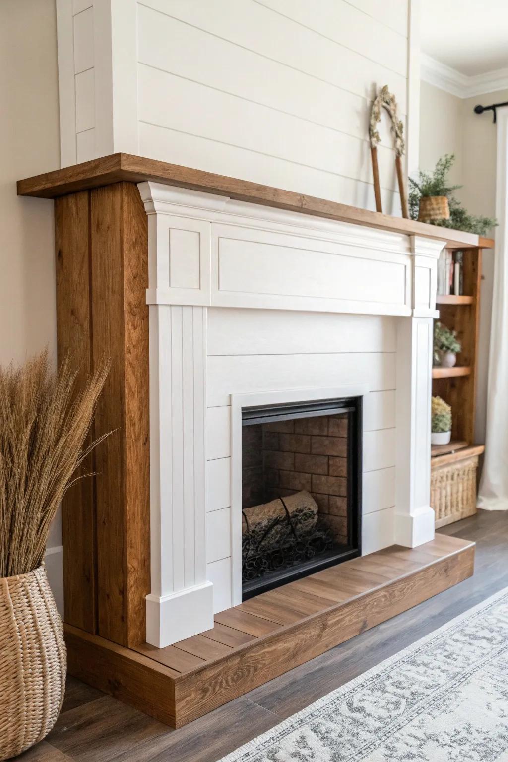 Crisp white shiplap surround paired with a warm wood mantel for a cozy, modern remodel.