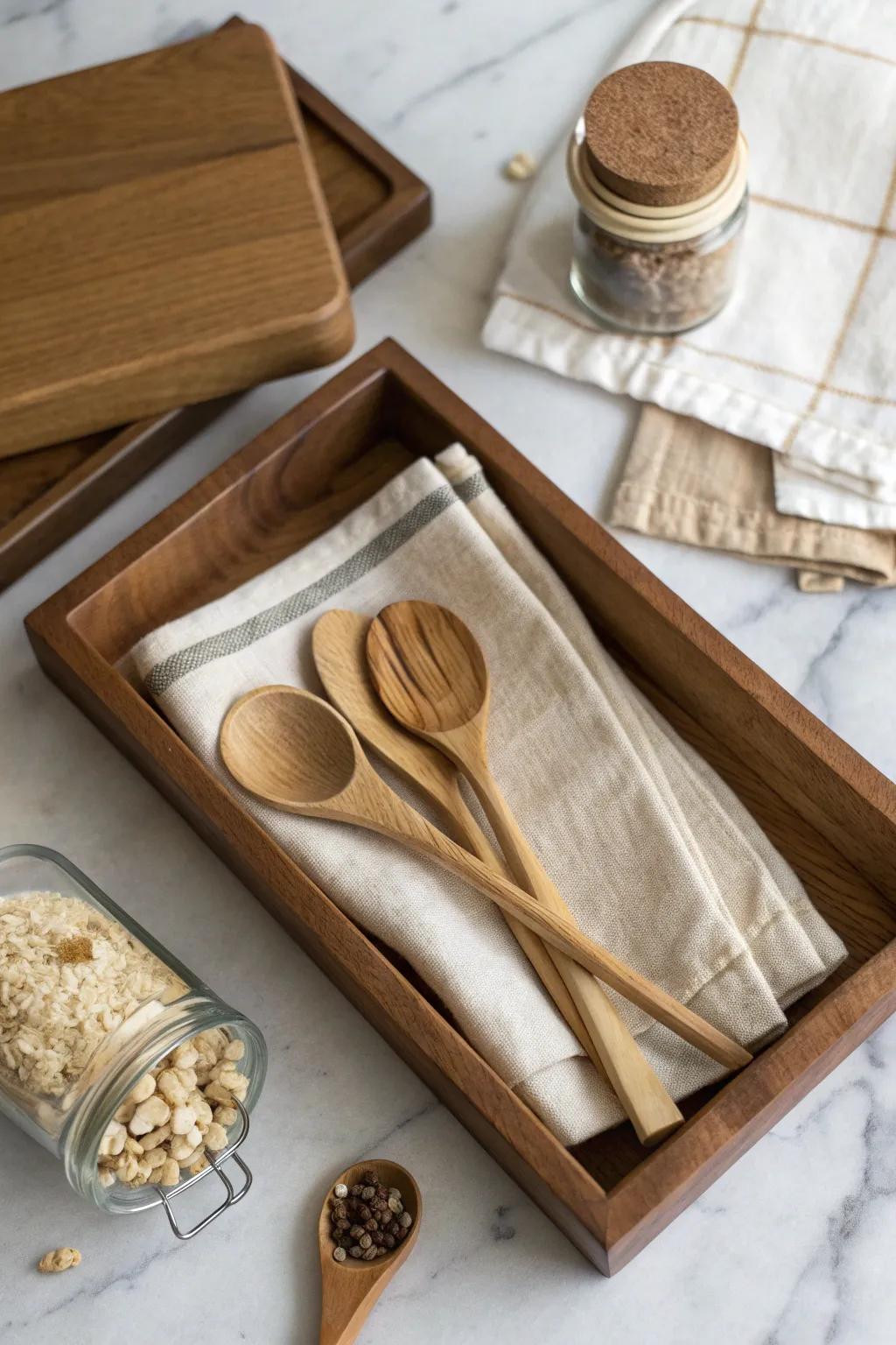 A practical-pretty kitchen gift tray: wooden utensils, towel, spices, and a DIY spoon rest.
