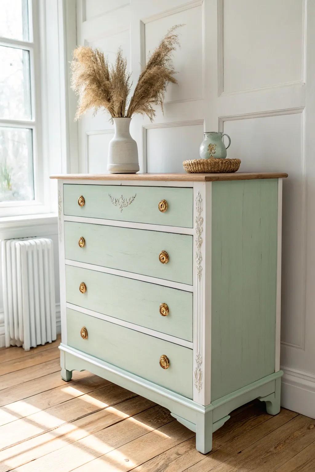 Mint green dresser with crisp white trim—fresh, airy, and perfect for a girl’s room.