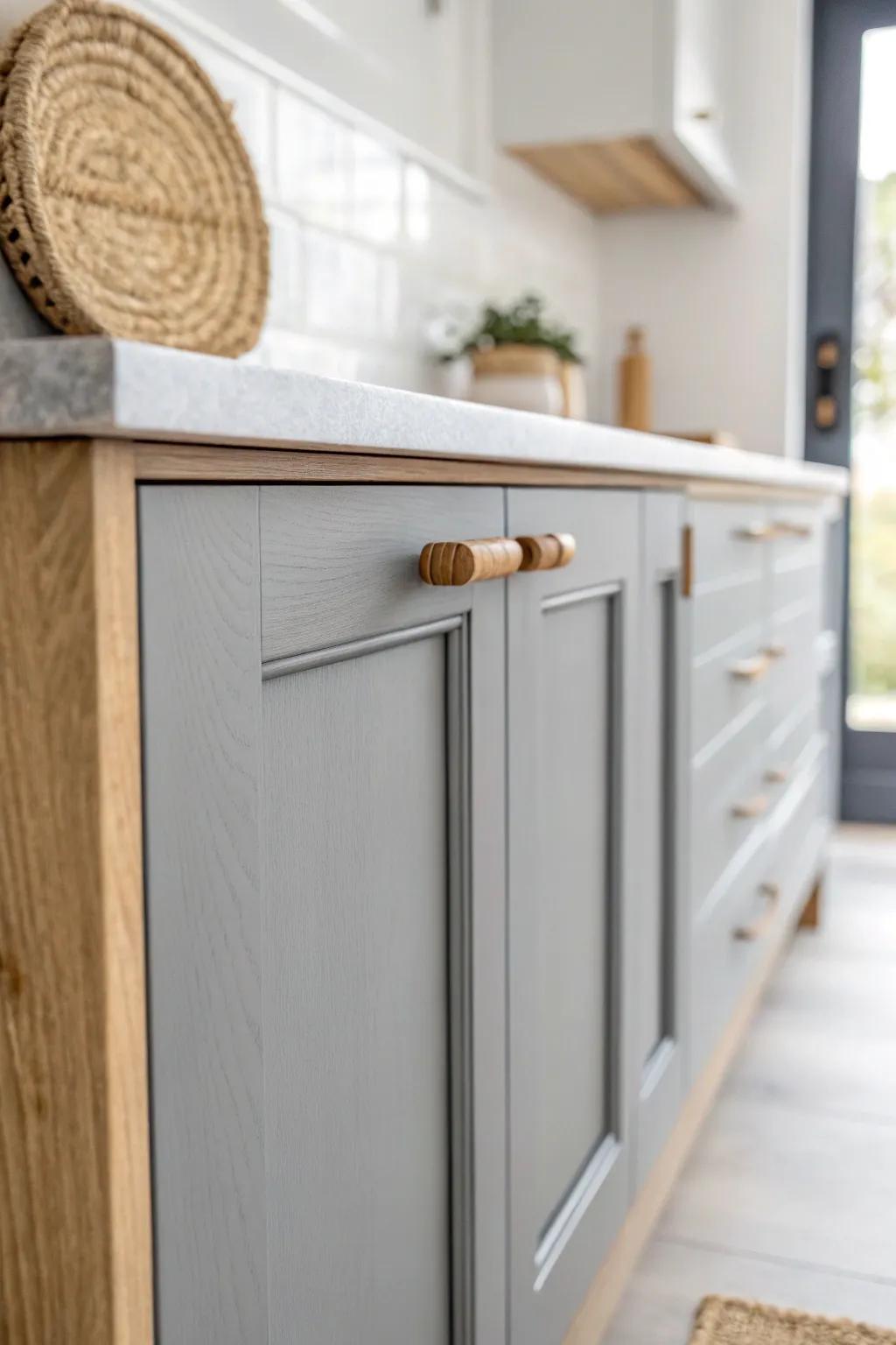 Velvety matte gray cabinets with warm oak pulls—soft, cozy, and fingerprint-friendly.