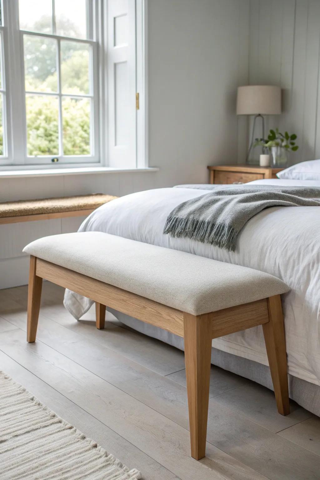 Grey-and-white calm with warm oak: a minimalist bench that adds contrast and cozy craft.