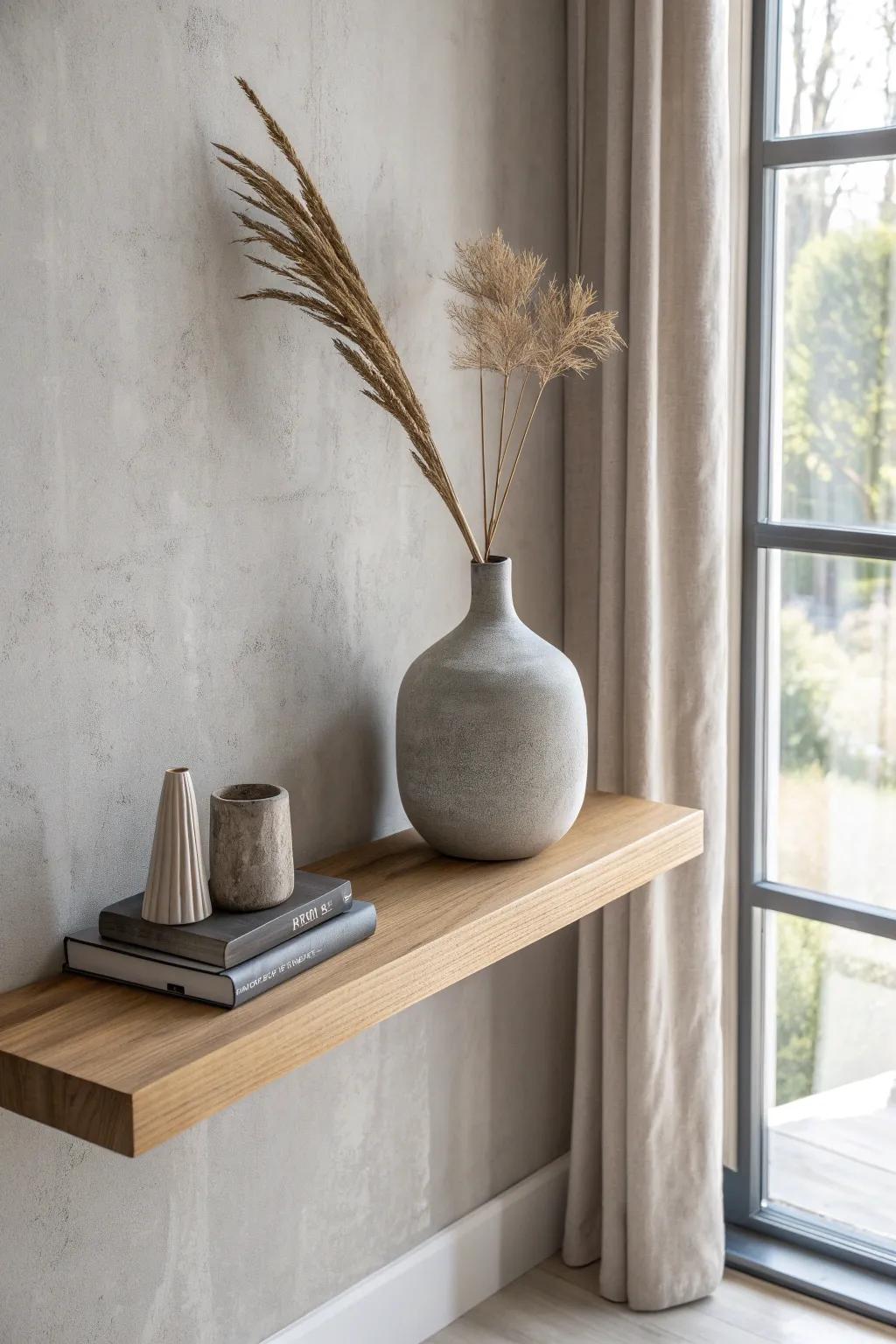 Floating oak shelf with matte grey ceramics—minimal, warm, and perfectly balanced.