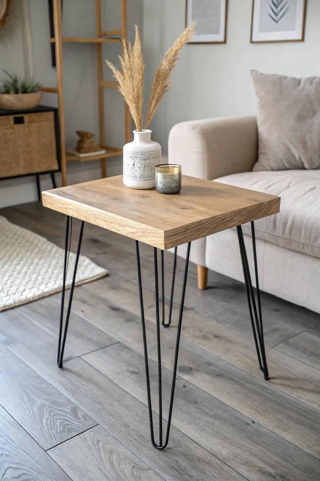 Define gray floors with a handcrafted oak side table and sleek black metal legs.