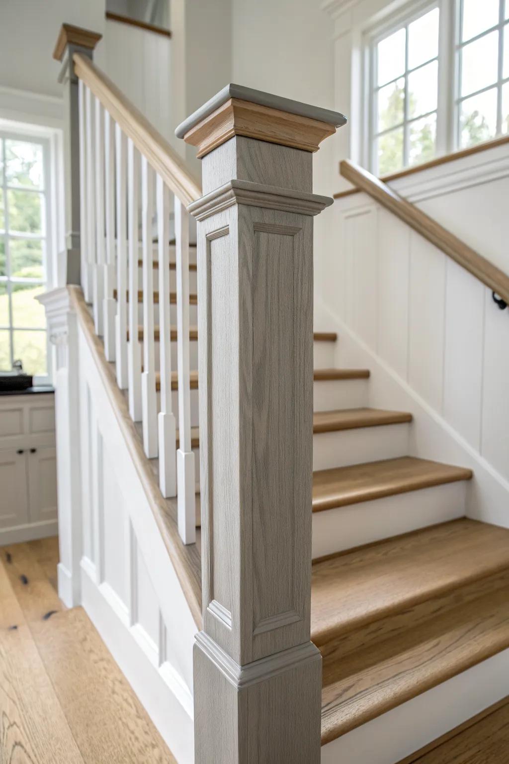 A solid gray newel post adds a calm, intentional anchor—leave spindles light for contrast.