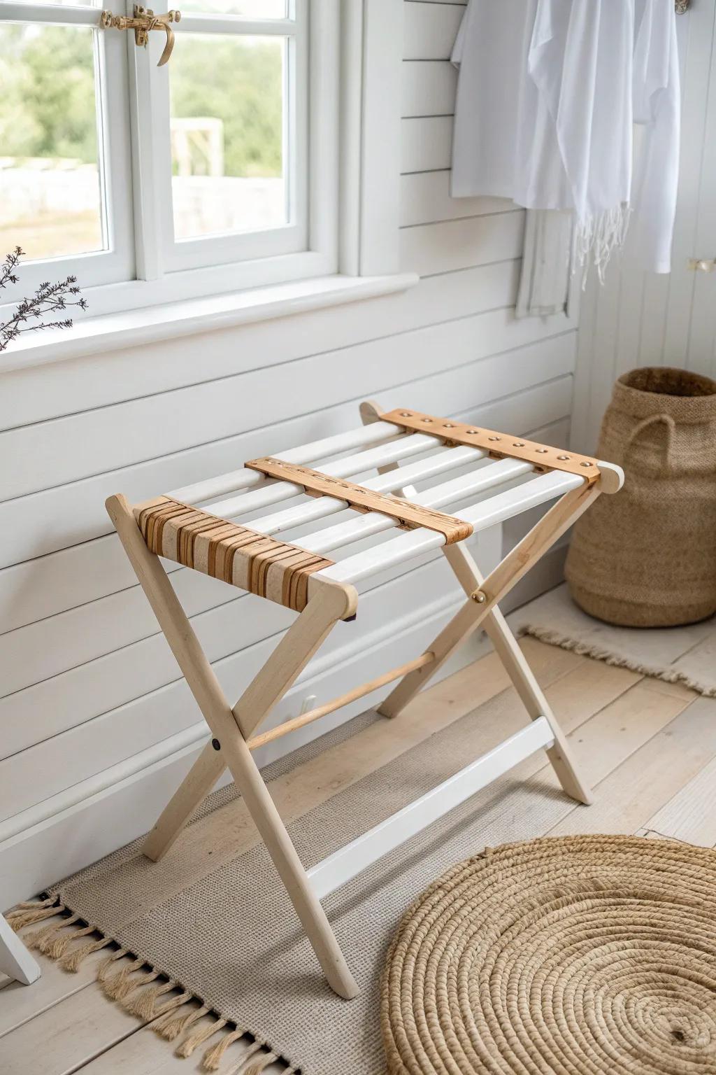 Painted to match the trim, this softly distressed wood luggage rack looks built-in and serene.