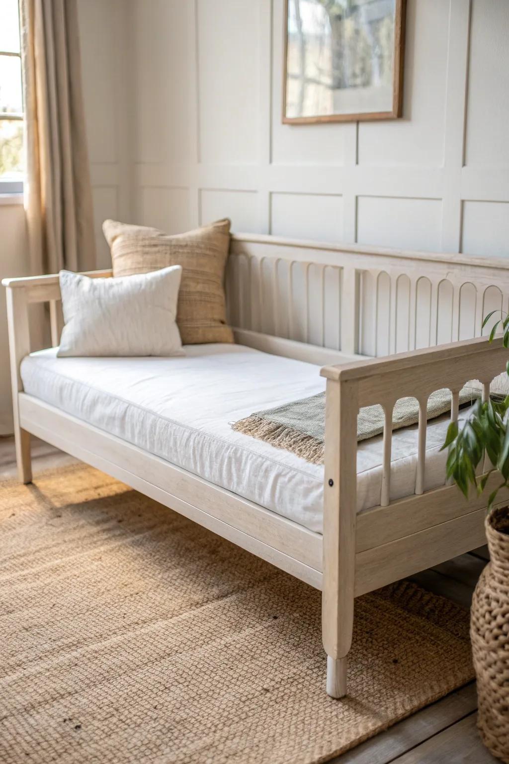 Tone-on-tone painted daybed for a custom look—let bedding and art shine in your guest room.