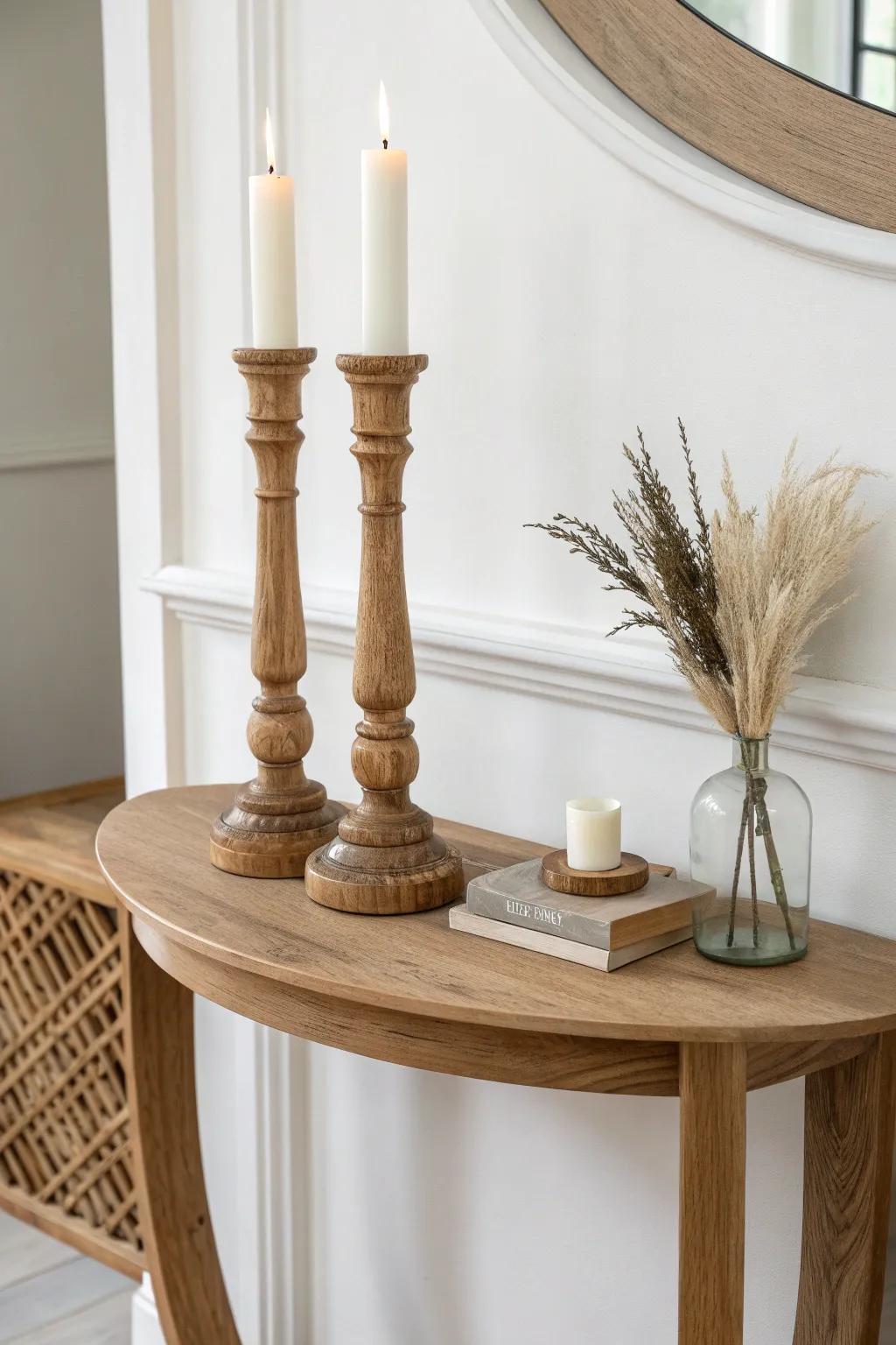 Matching wooden candlesticks on a half moon table—minimal, cozy, and beautifully handcrafted.