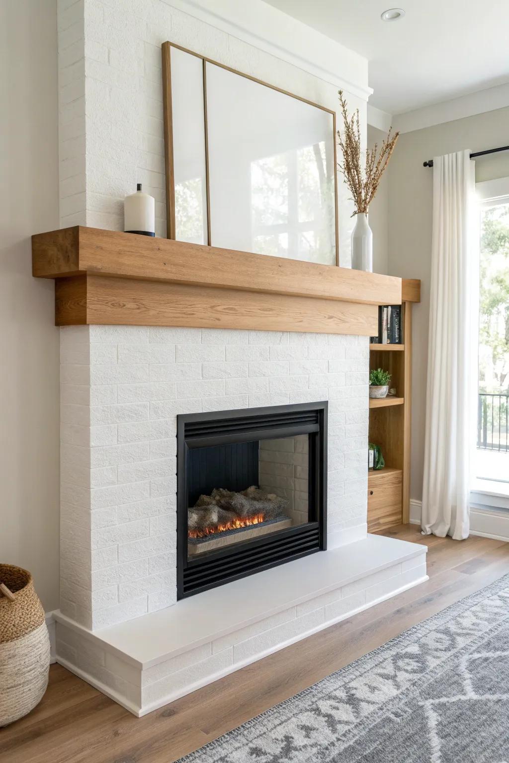 Crisp drywall bump-out + slim oak mantel—modern, airy, and perfect for low ceilings.