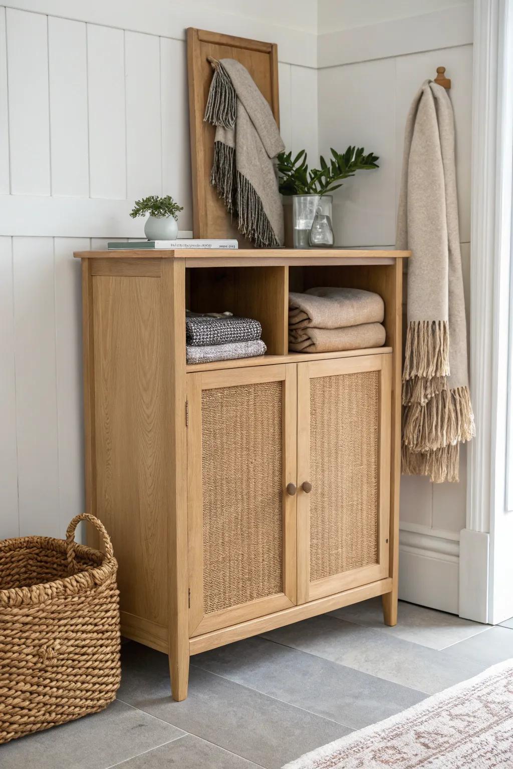 Two-tier hallway cabinet: everyday essentials below, seasonal storage tucked neatly up top.