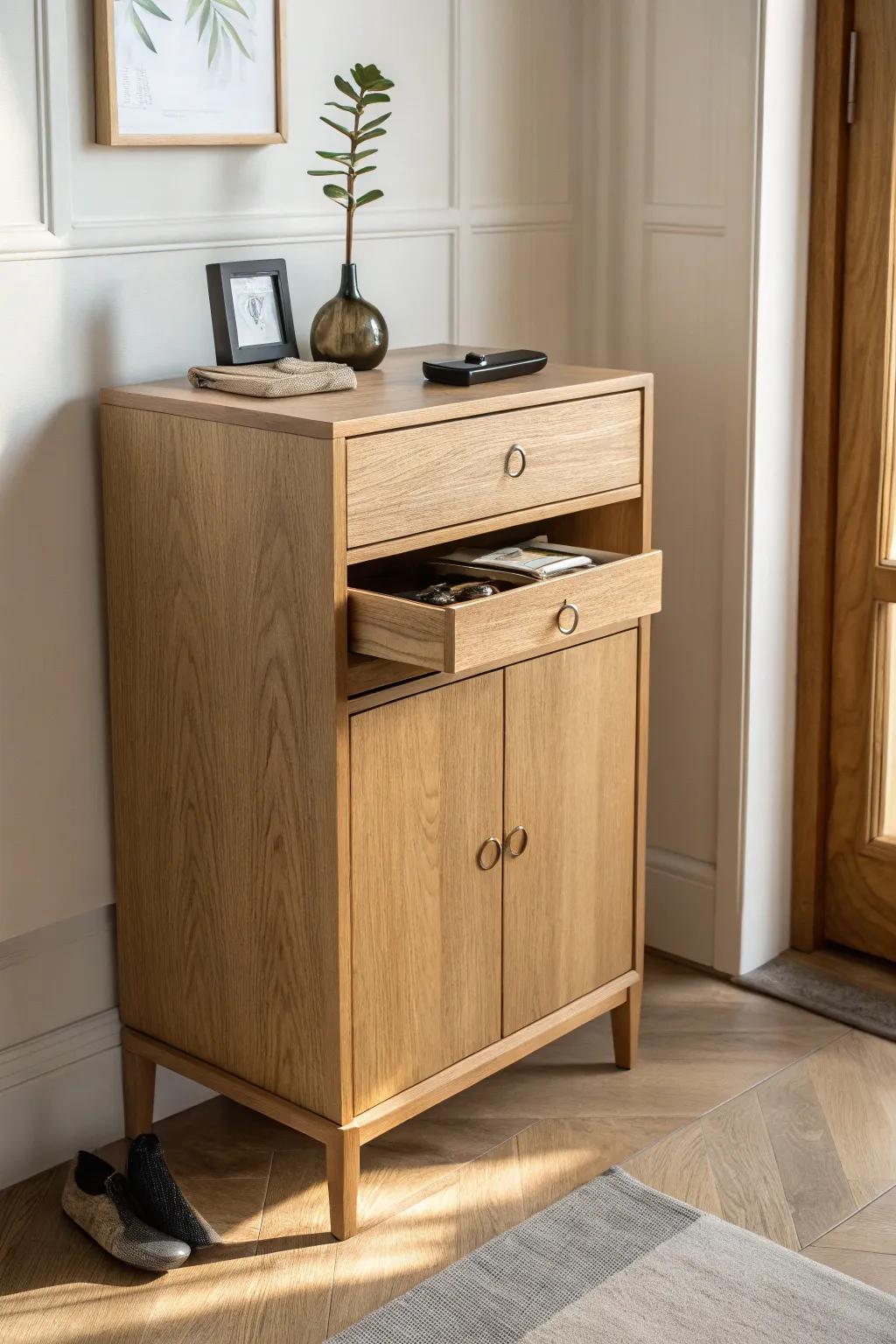 A waist-high oak drop-zone cabinet with a key drawer—stops countertop clutter before it starts.