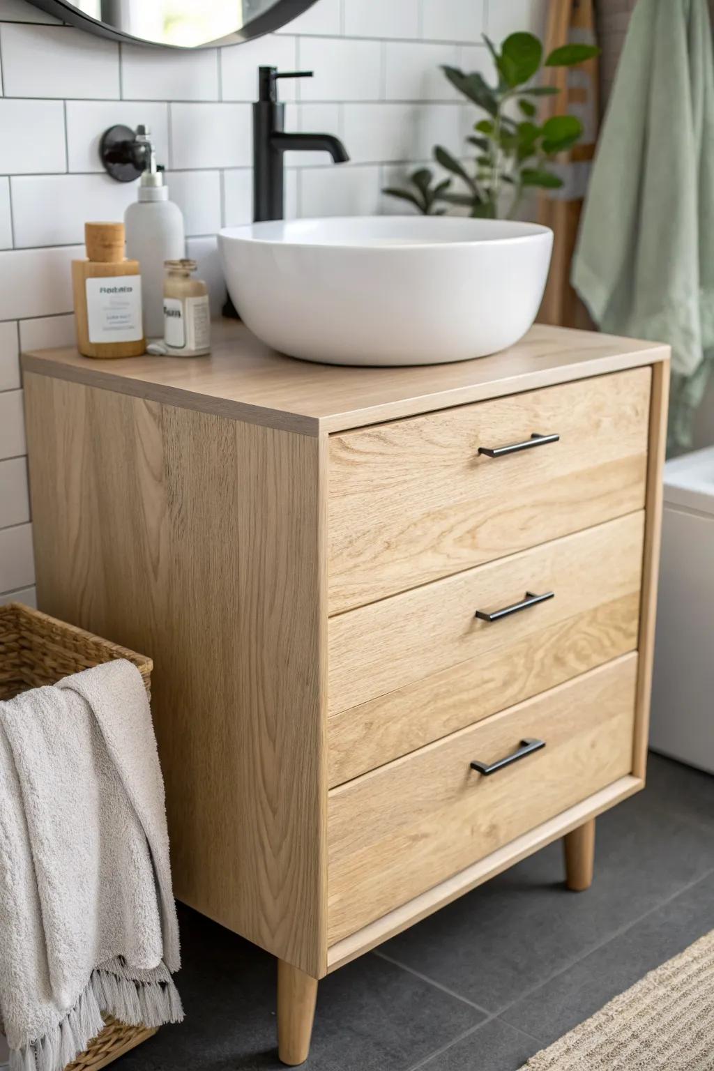 Slim, shallow-depth wood vanity with rounded front edge—perfect comfort for tight bathrooms.