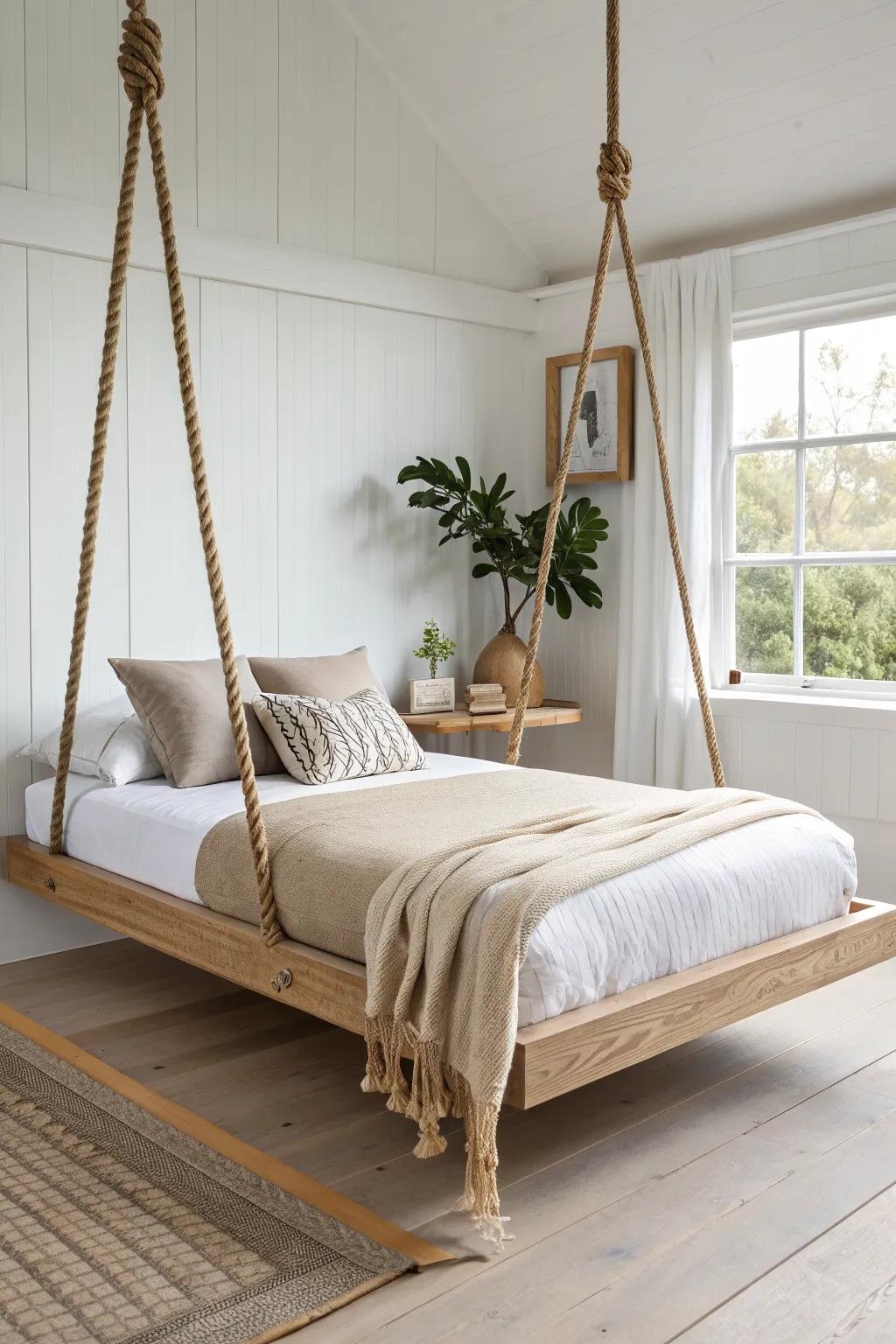 Wall-ledger headboard with two-rope foot suspension—an airy hanging bed for tight rooms.