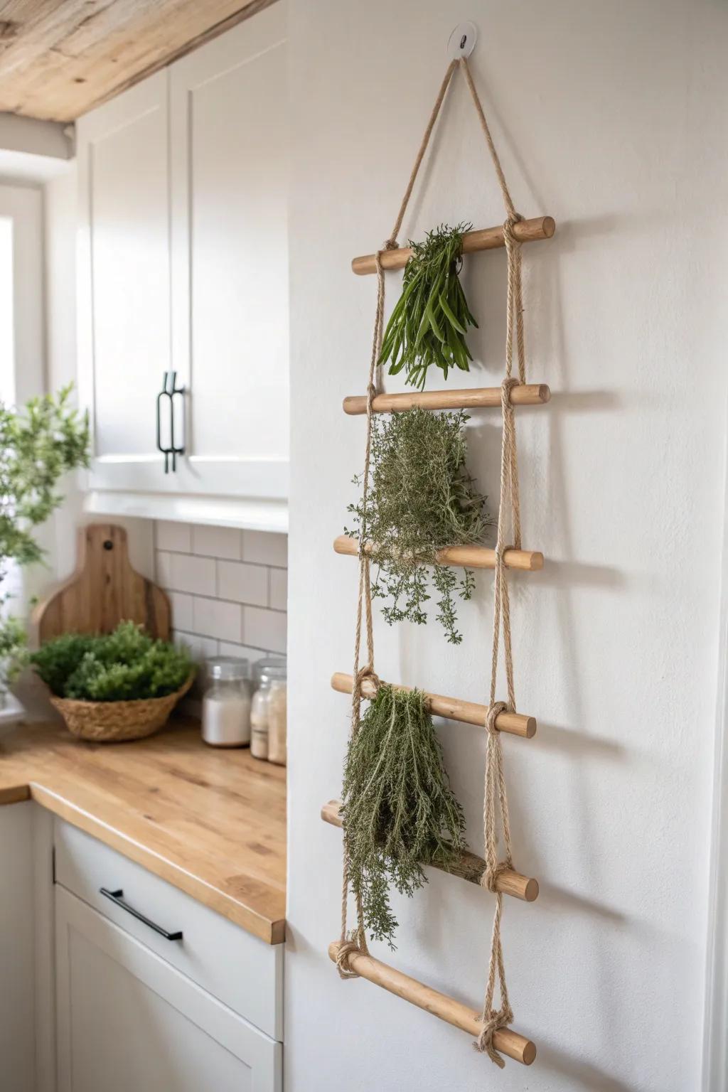 A hanging wooden ladder rack turns garden herbs into a simple, beautiful drying display.