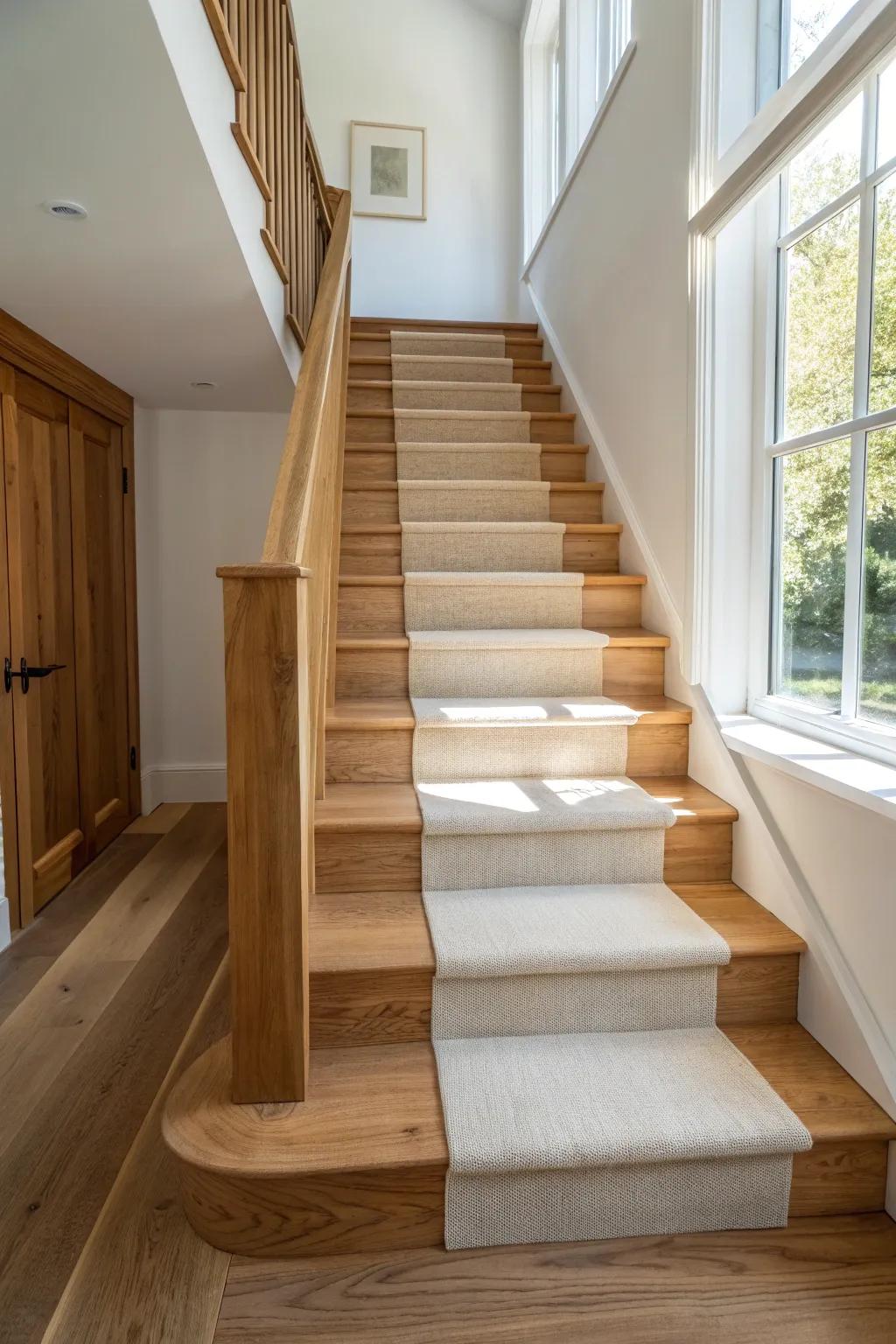 Centered runner effect: soft grip underfoot while the hardwood stair edges stay beautifully visible.