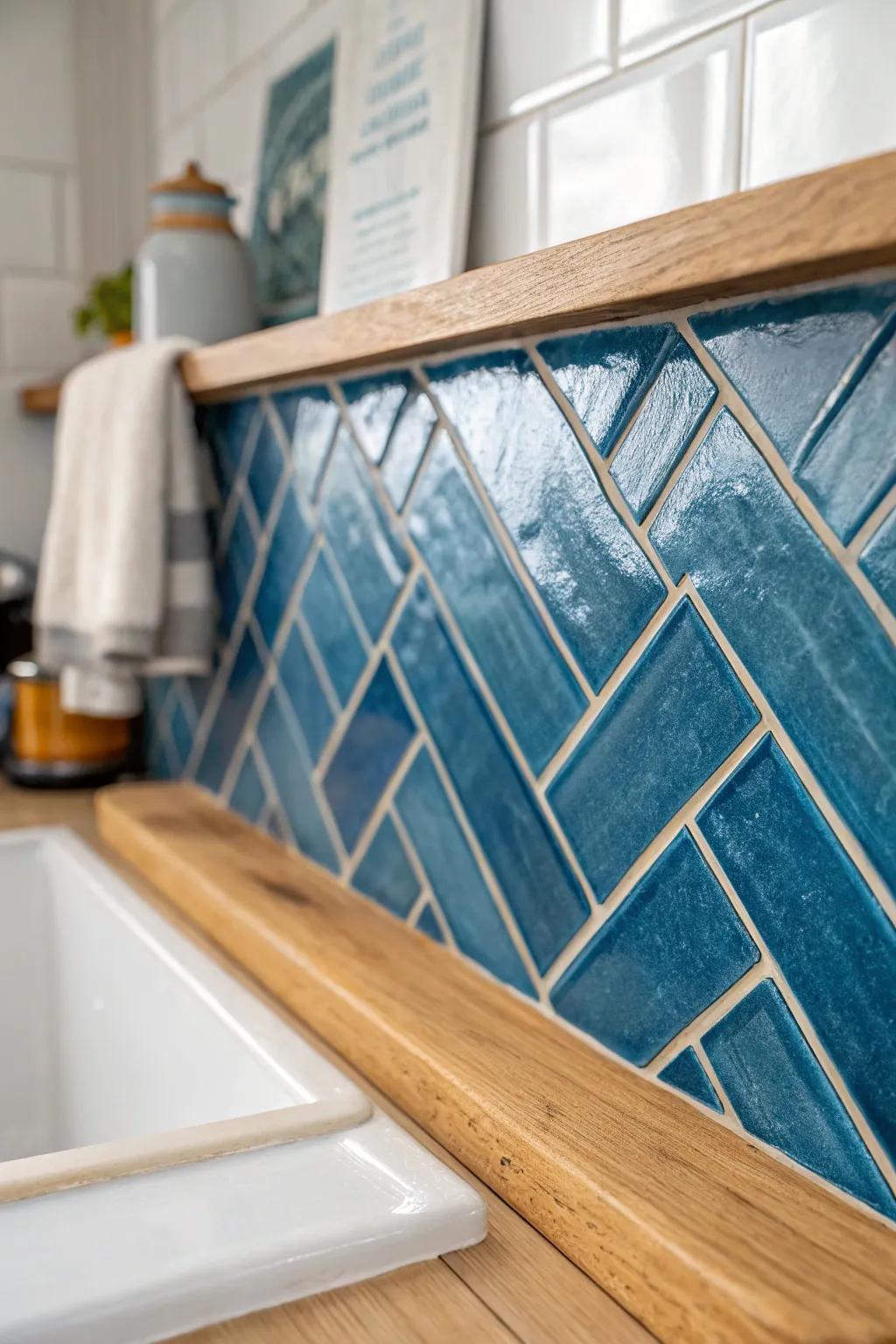 Ocean-blue herringbone tiles with warm oak accents—an instant coastal kitchen refresh.