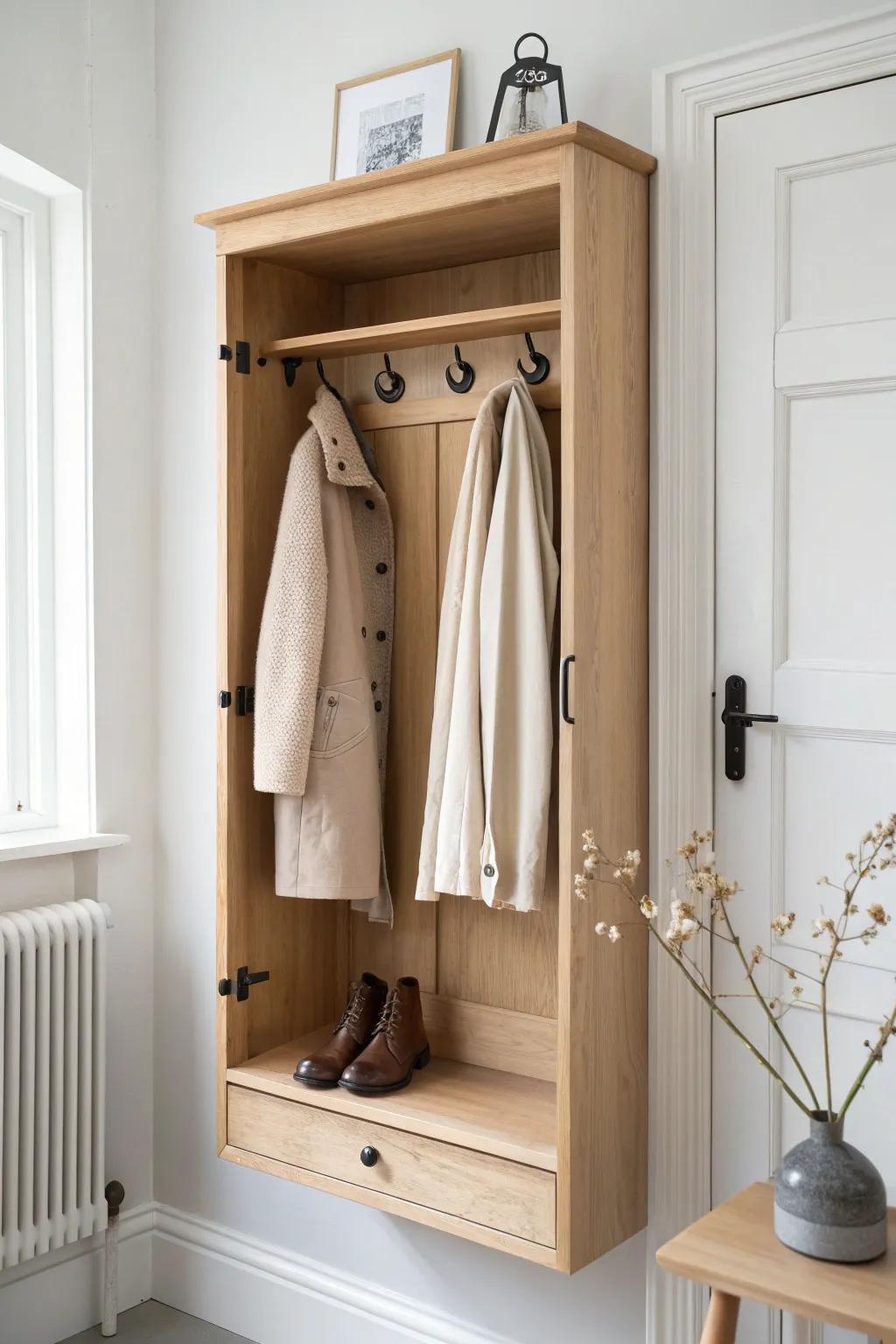 A slim shallow cabinet hides bulky coats—sideways hanging keeps the entryway clean and calm.